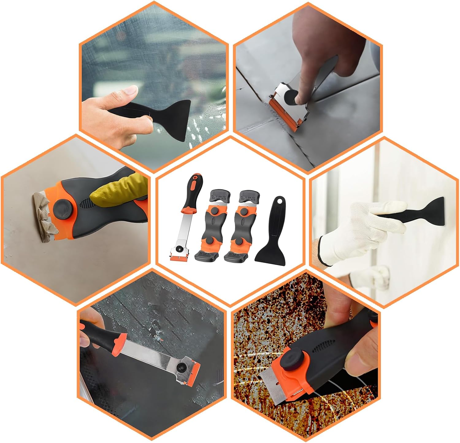 Razor Blade Scraper Tool Set, 4 Pack Paint Scrapers with 30 Plastic & 30 Metal Blades, Safe Non-Scratch Glass Scraper for Stickers & Paint