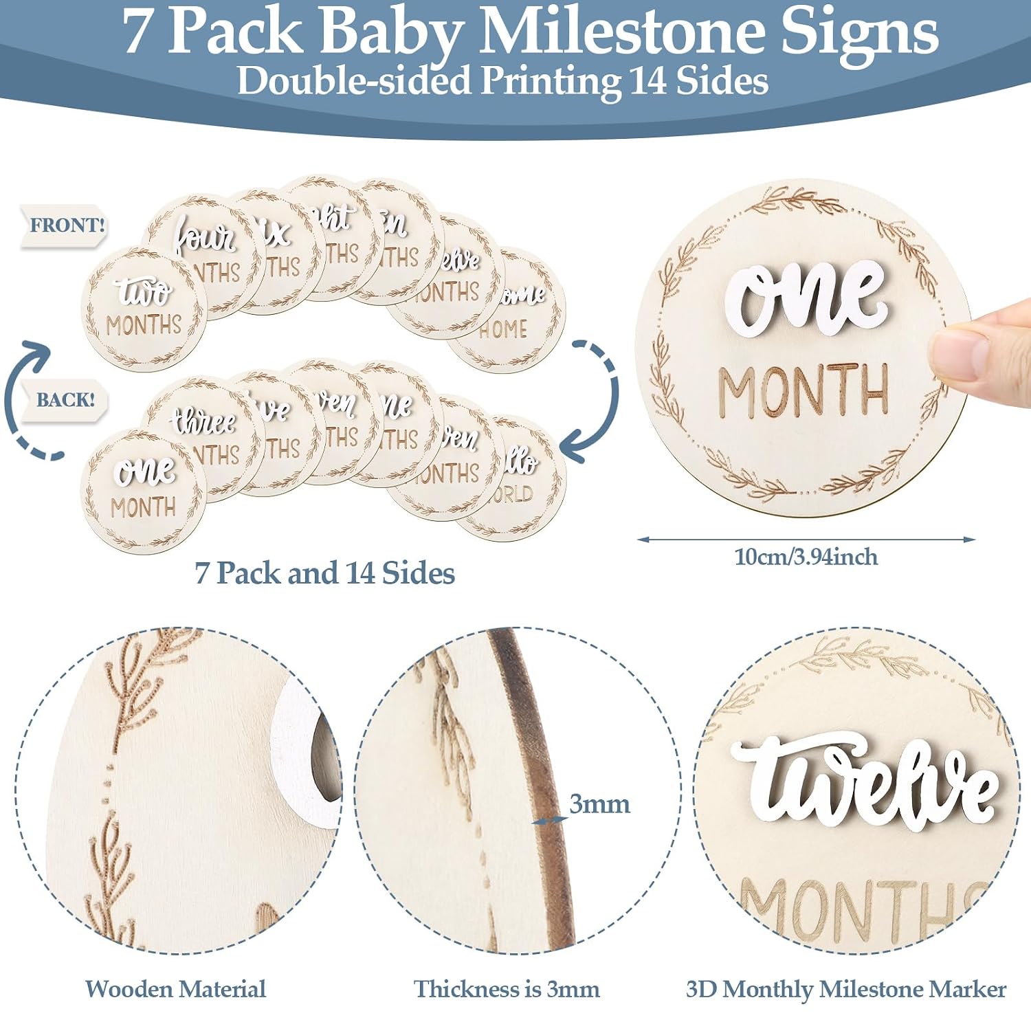 7 Pack Baby Monthly Milestone Signs, Double Sided Baby Milestone Signs Wooden Baby Announcement Sign for 1-12 Months Baby Milestone Pictures