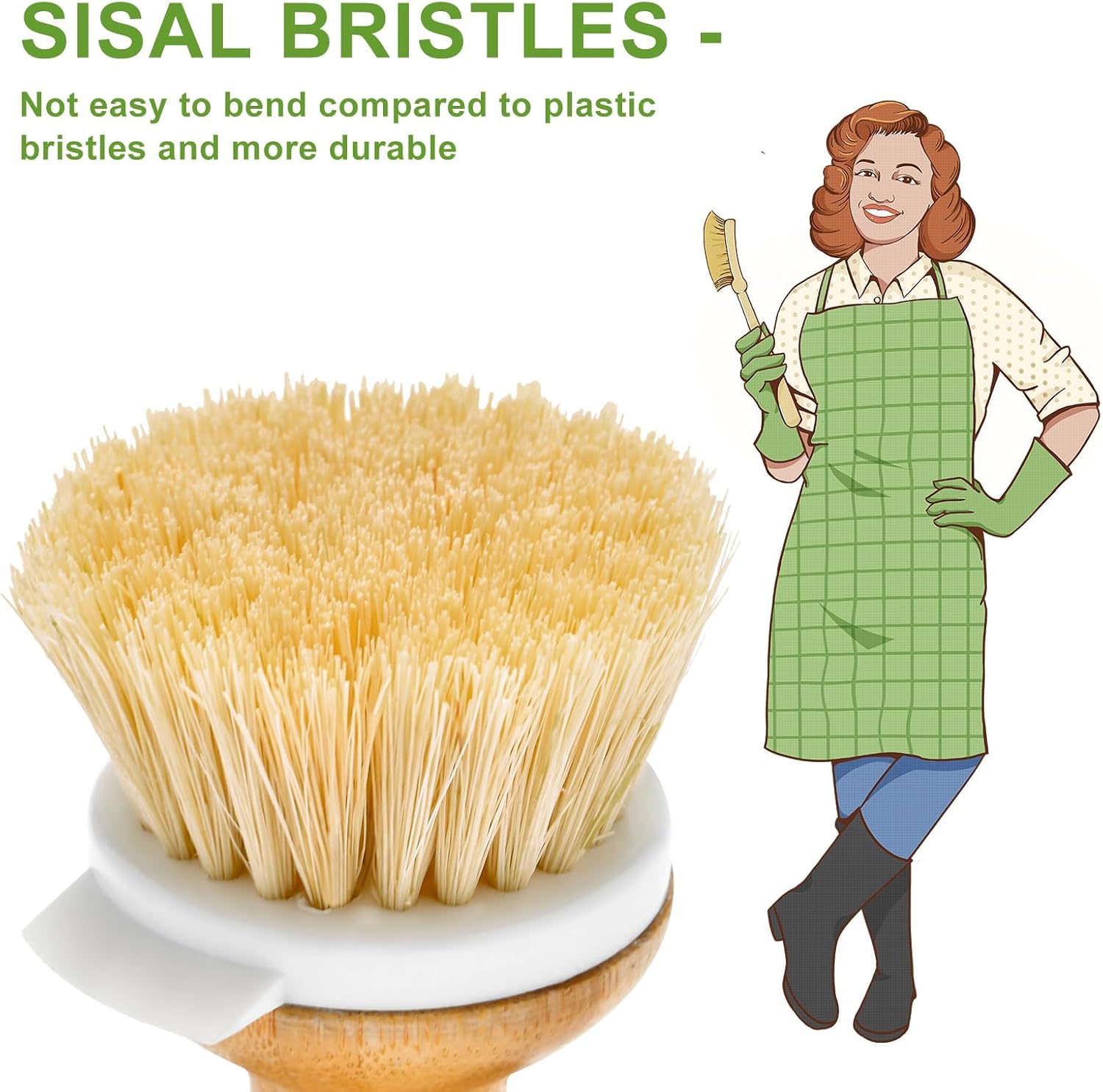 Bamboo Dish Brush,Sisal Brush with Scraper,1Pack with Ceramic Holder | Vegetable Brush,Wooden Dishwashing Brush for Cleaning Dishes/Pans/Pots,Built-in Scraper,Natural Sisal Bristles