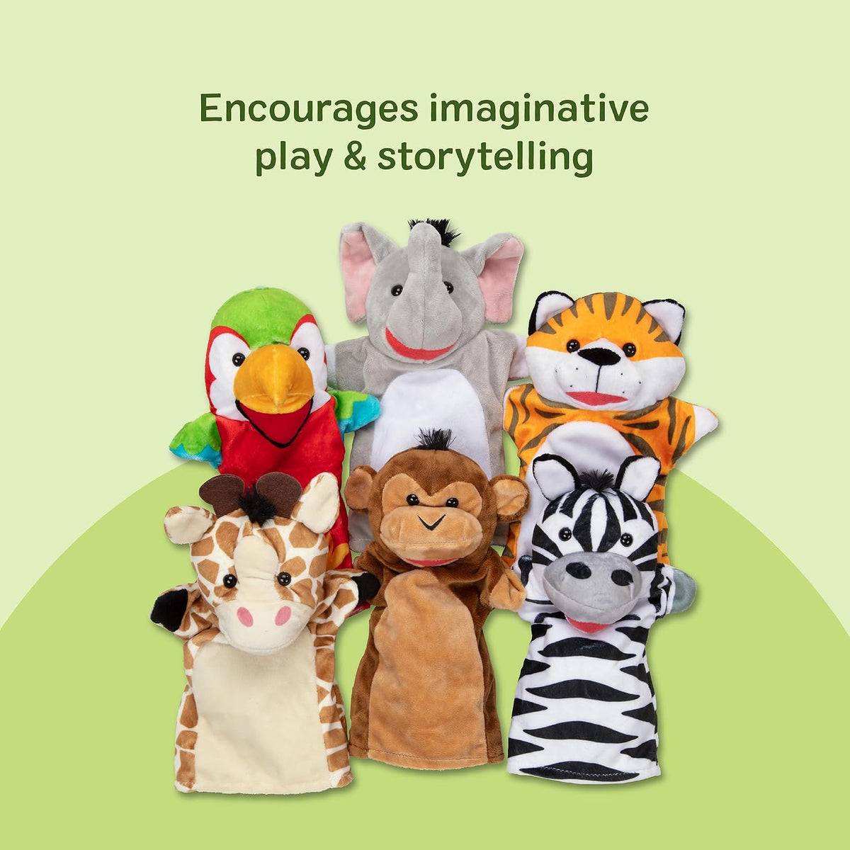 Melissa & Doug Safari Buddies Hand Puppets, Set of 6 (Elephant, Tiger, Parrot, Giraffe, Monkey, Zebra) Soft, Plush Puppet, Stuffed Animals, Pretend Play Toddler Toys for Girls & Boys