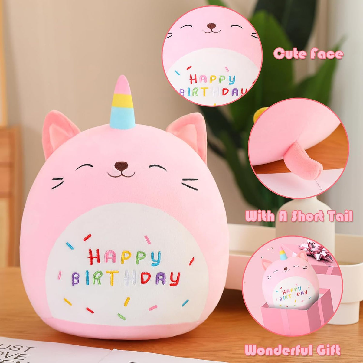 SQEQE Unicorn Cat Plush Kawaii Birthday Cat Plushies Pillow Cat Stuffed Animal Toy Soft Plushie Doll Gifts for Kids Decor(Caticorn, 8 Inch)