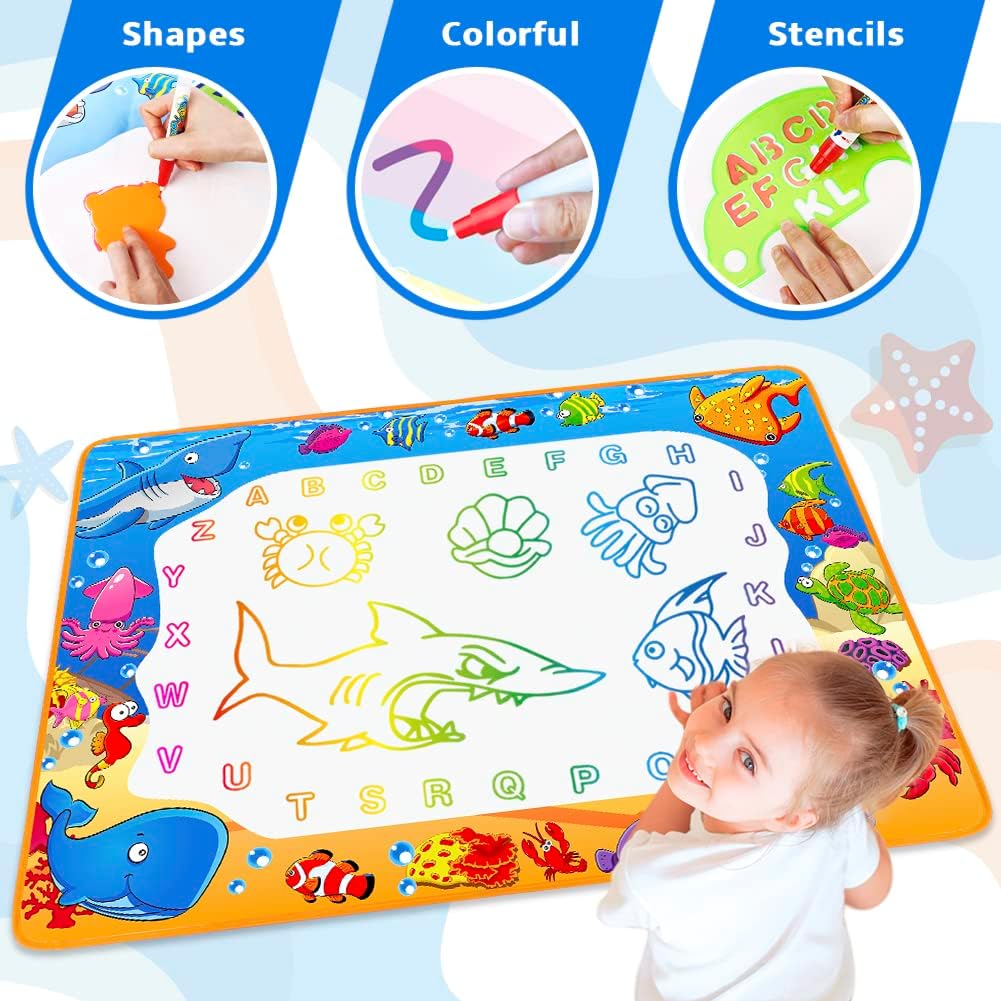 Water Doodle Mat - Kids Color Painting Toy, Gift Set for Toddlers 3-7 | Great Educational Water Doodle Mat - Toddler Painting Toy Gift with Fun Stencils, Magic Pens & Drawing Templates for Kids