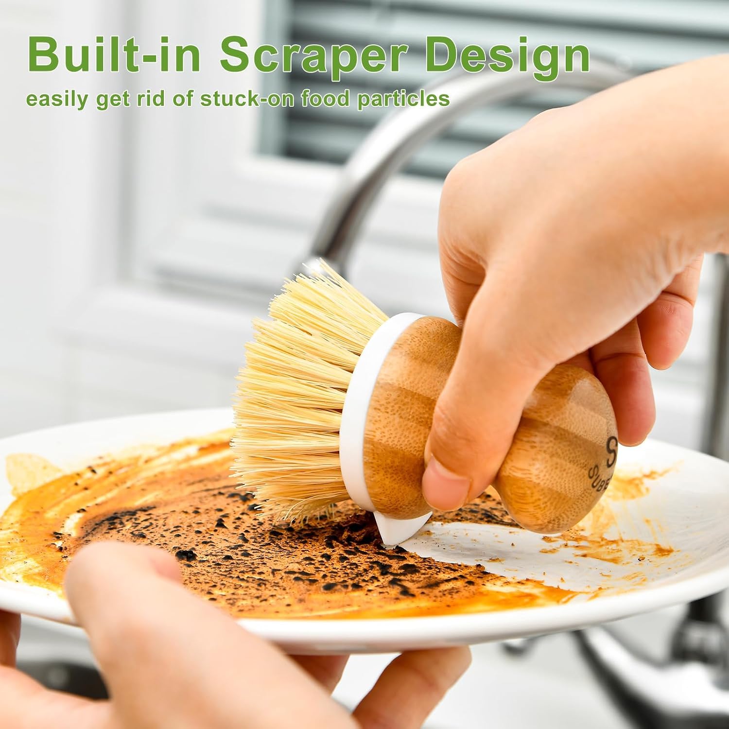 Bamboo Dish Brush,Sisal Brush with Scraper,1Pack with Ceramic Holder | Vegetable Brush,Wooden Dishwashing Brush for Cleaning Dishes/Pans/Pots,Built-in Scraper,Natural Sisal Bristles
