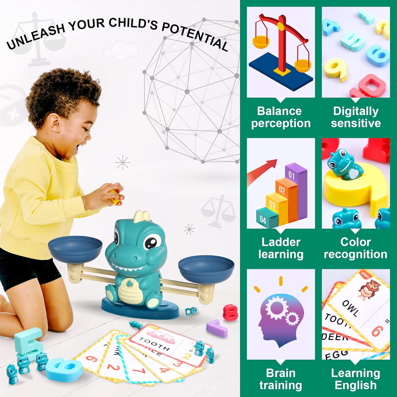 Kaodezhu Dinosaur Math Balance Toys, Montessori Toys for 3 Years Old Kids | Matching Letter, Learning and Educational Toys for Boys Girls - Birthday Gifts for 4 5 6 7 Year Old