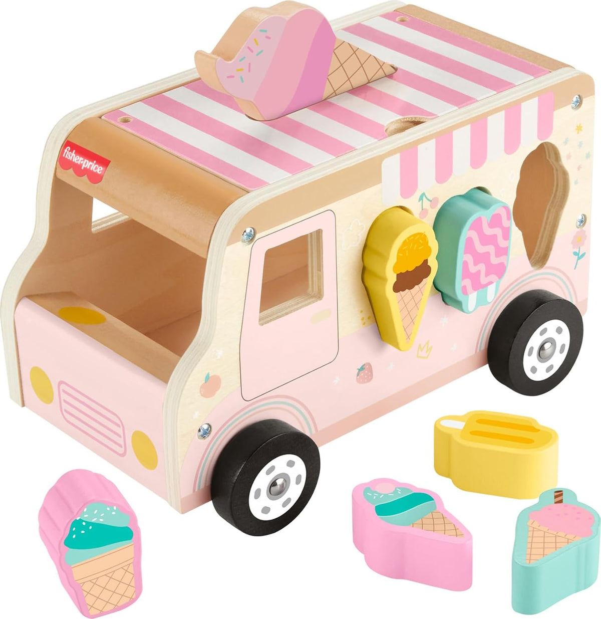 Fisher-Price Wood Ice Cream Truck Shape Sorter Set | 9 Wooden Pieces for Developmental Play, Toddler Toy for Kids Ages 18+ Months
