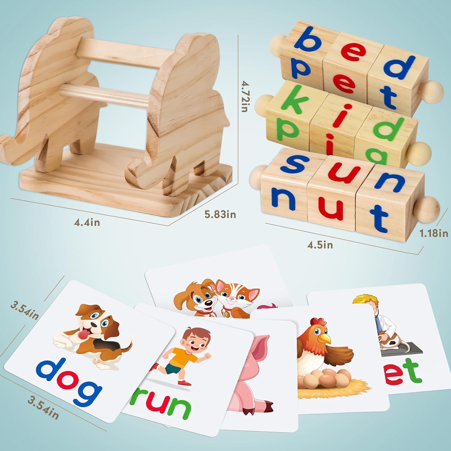Montessori Educational Toy，Learning Activities Gift for Kid 3-6 Year | Wooden Reading Blocks Toys, Learning Activities for Preschool Kindergarten, Turning Rotating Matching Flash Card Games