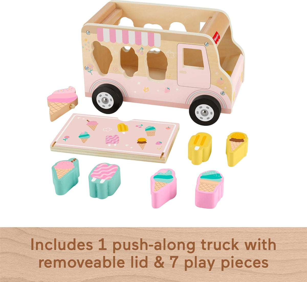 Fisher-Price Wood Ice Cream Truck Shape Sorter Set | 9 Wooden Pieces for Developmental Play, Toddler Toy for Kids Ages 18+ Months