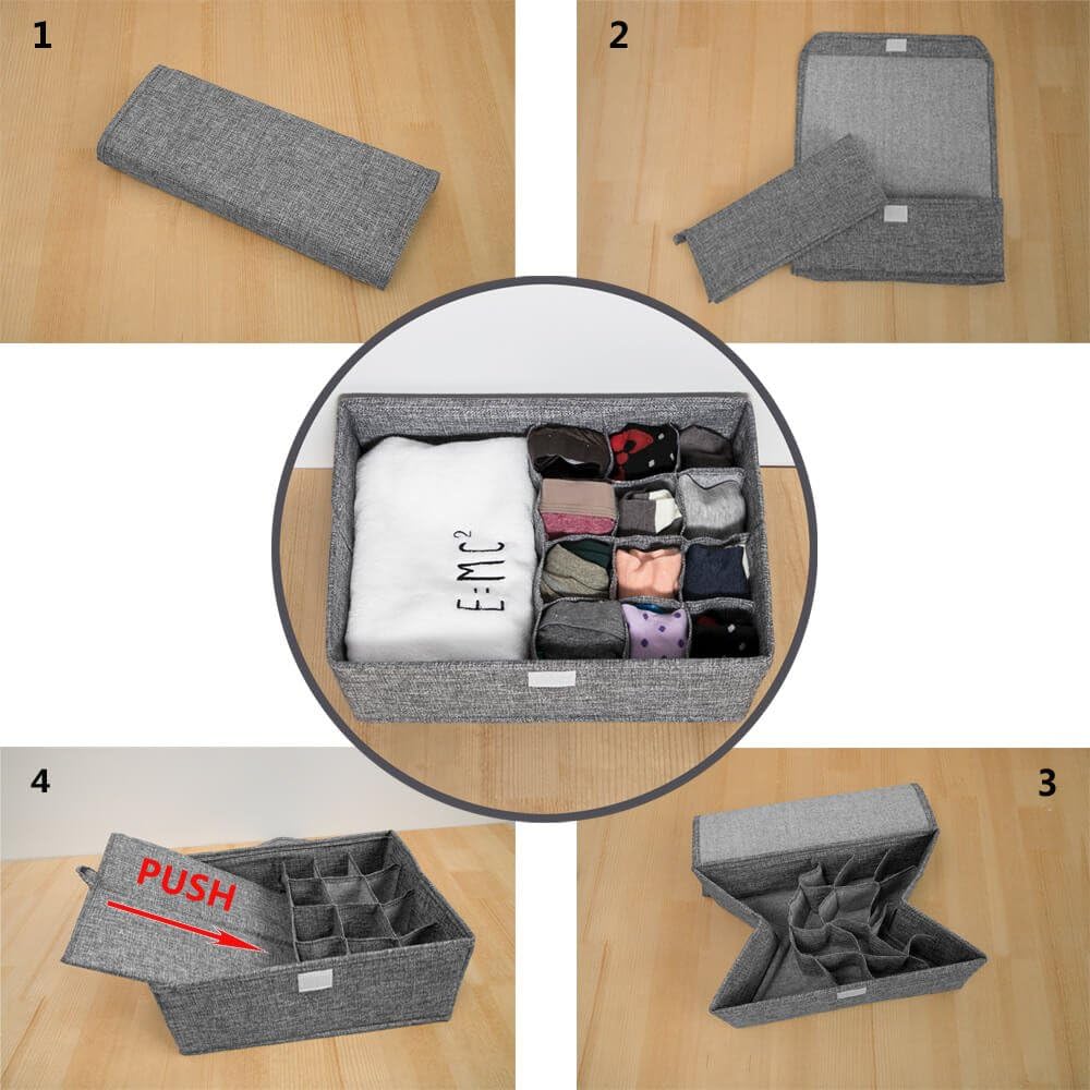 ALYER Collapsible Drawer Organizer,Underwear Drawer Divider for Socks Panties Bras Ties Clothing,Sturdy Closet Storage Divider with Lid
