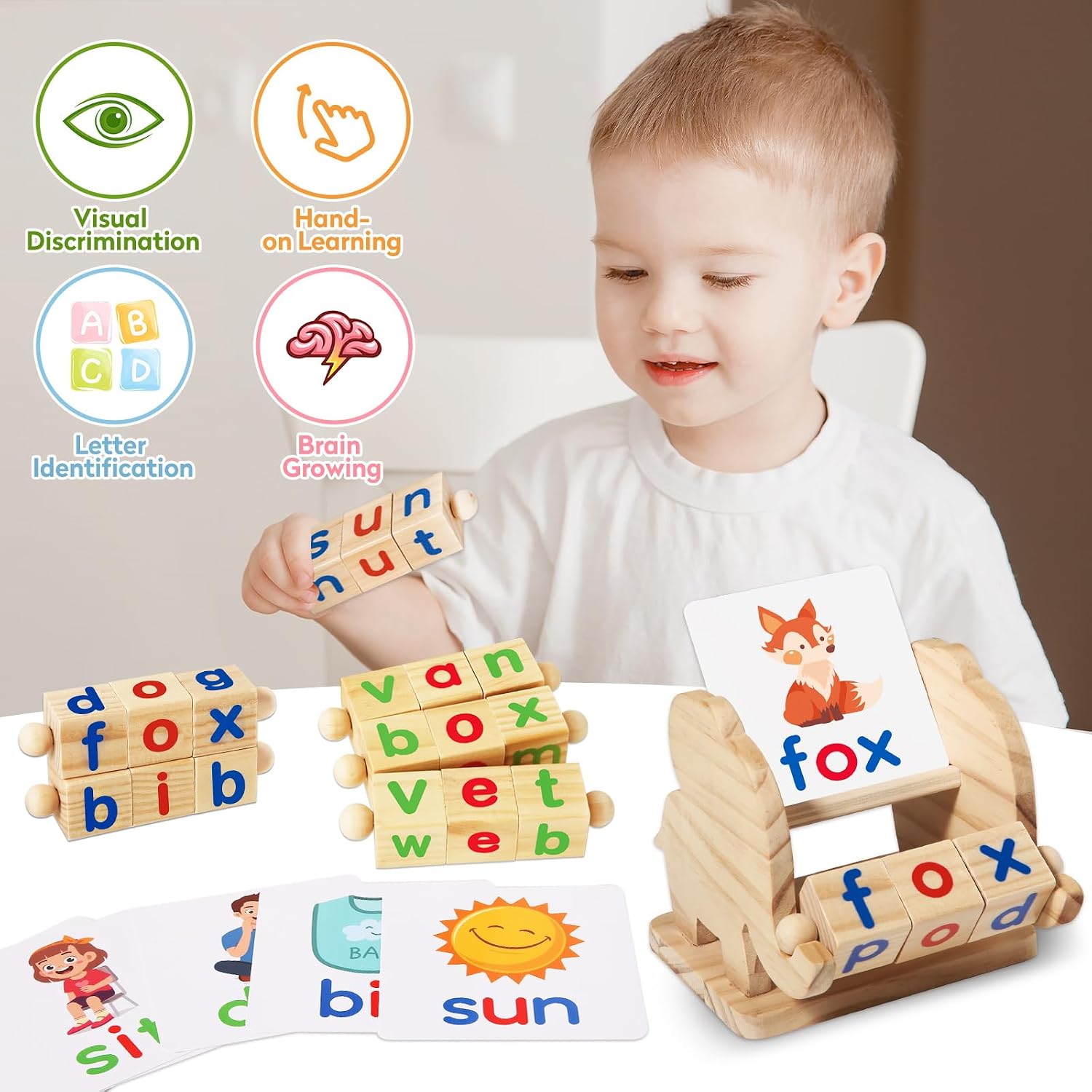 Montessori Educational Toy，Learning Activities Gift for Kid 3-6 Year | Wooden Reading Blocks Toys, Learning Activities for Preschool Kindergarten, Turning Rotating Matching Flash Card Games