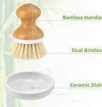 Bamboo Dish Brush,Sisal Brush with Scraper,1Pack with Ceramic Holder | Vegetable Brush,Wooden Dishwashing Brush for Cleaning Dishes/Pans/Pots,Built-in Scraper,Natural Sisal Bristles