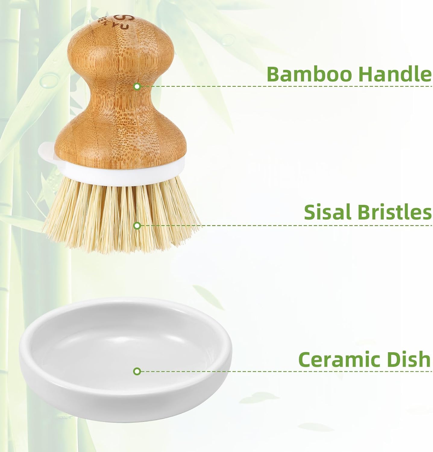 Bamboo Dish Brush,Sisal Brush with Scraper,1Pack with Ceramic Holder | Vegetable Brush,Wooden Dishwashing Brush for Cleaning Dishes/Pans/Pots,Built-in Scraper,Natural Sisal Bristles