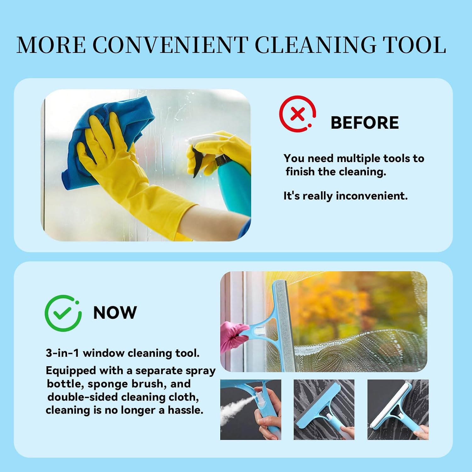 3 in 1 Window Cleaning Scraper,All-Purpose Spray Window Squeegee Cleaner Tool,for Glass Doors for Windows Glass, Mirrors Scraper, Brush