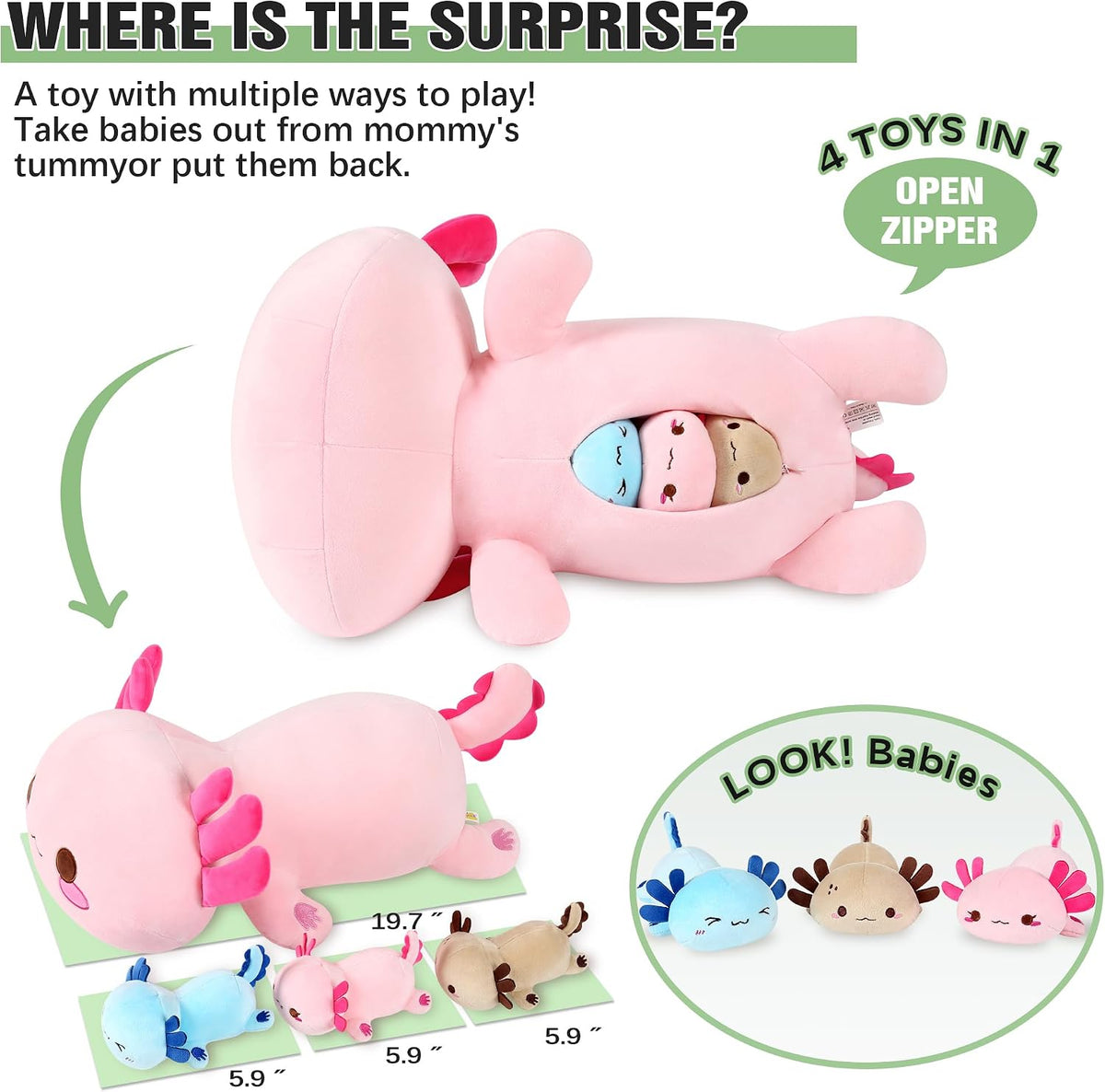 Onsoyours Axolotl Stuffed Animal Mommy 19.7" with 3 Baby Axolotl Plushies in Tummy, 4 Piece of Cute Axolotl Plush Pillow Toys for Kids Girls Boys