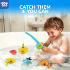 TOY Life Magnetic Fishing Bath Toy Set for Toddlers, Ages 1-3 | 7 pieces, wind-up swimmers, fishing pole and net, mold-free sealed design, fine motor play, bathtub or water table