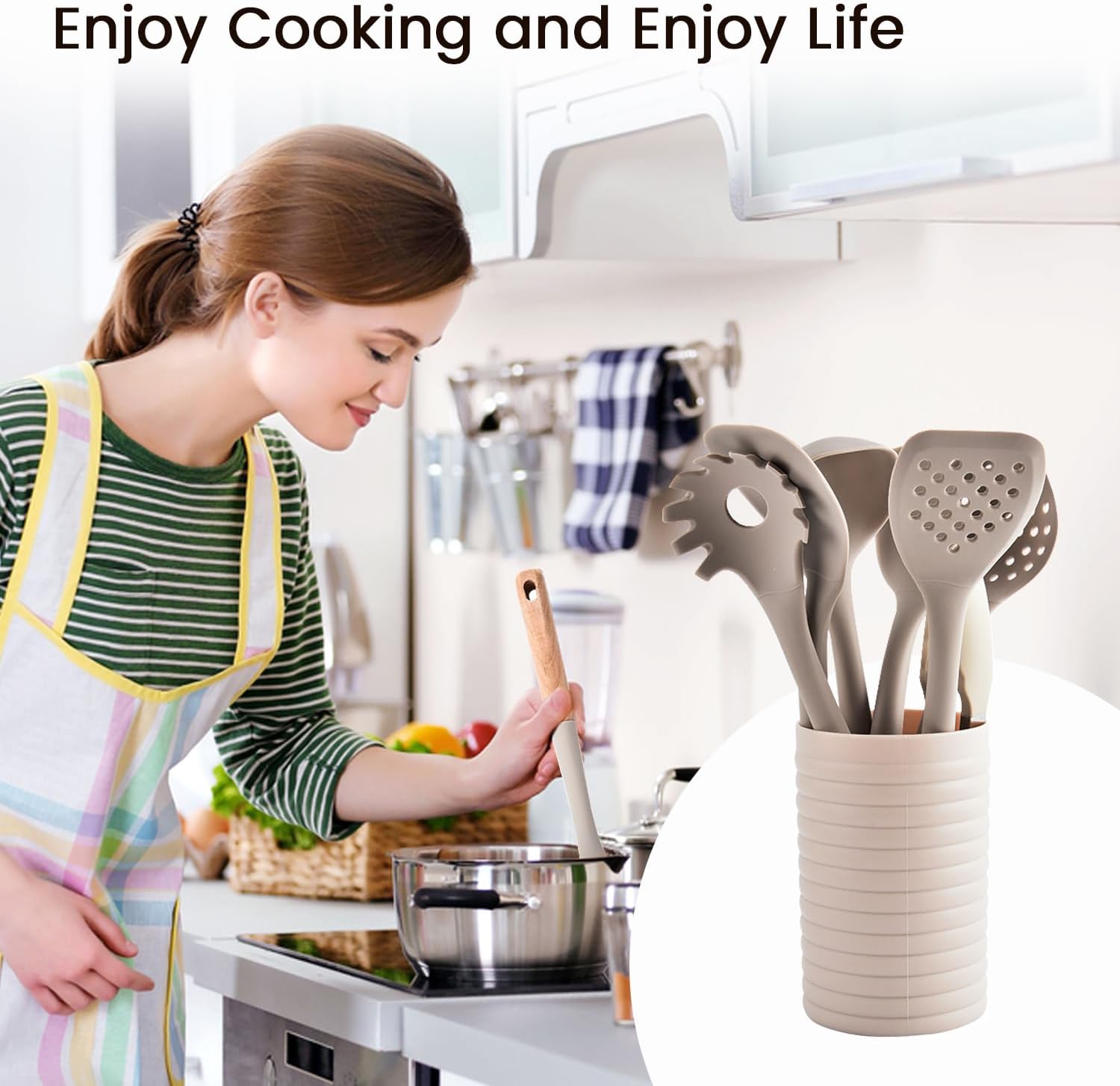 Silicone Cooking Utensils Set, 8 Piece Non-stick Utensils Spatula Set with Holder,Khaki Kitchen Utensils with Wooden Handles,Heat Resistant Cooking Set Kitchen Gadgets Gifts for Mother (Khaki)