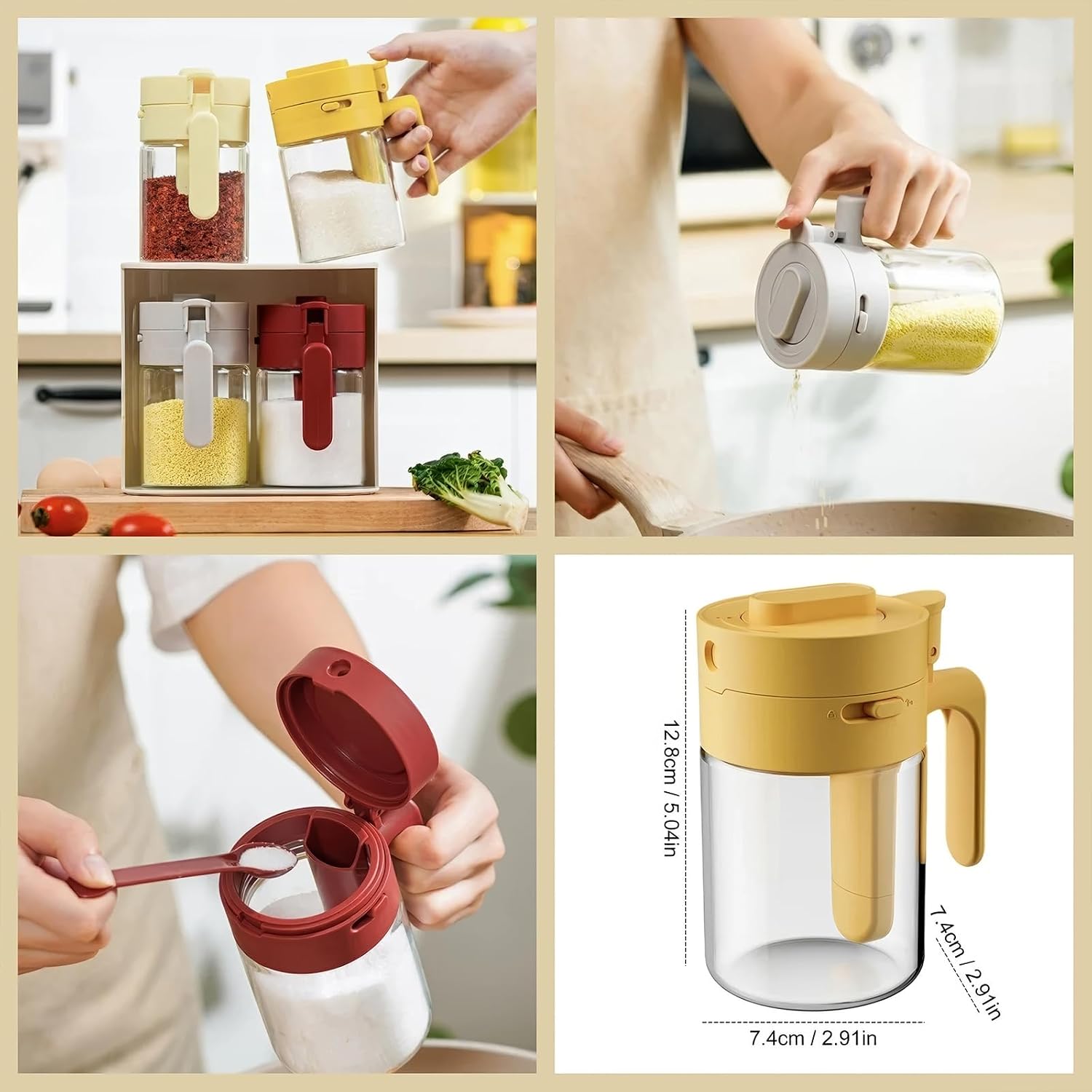 Multifunctional Seasoning Box, 2 in 1 Spice Jar Set with Lid and Spoon, Airtight Glass Seasoning Containers for Coffee Tea Sugar Salt, Ideal for Kitchen Storage & Organization (Milk Coffee)