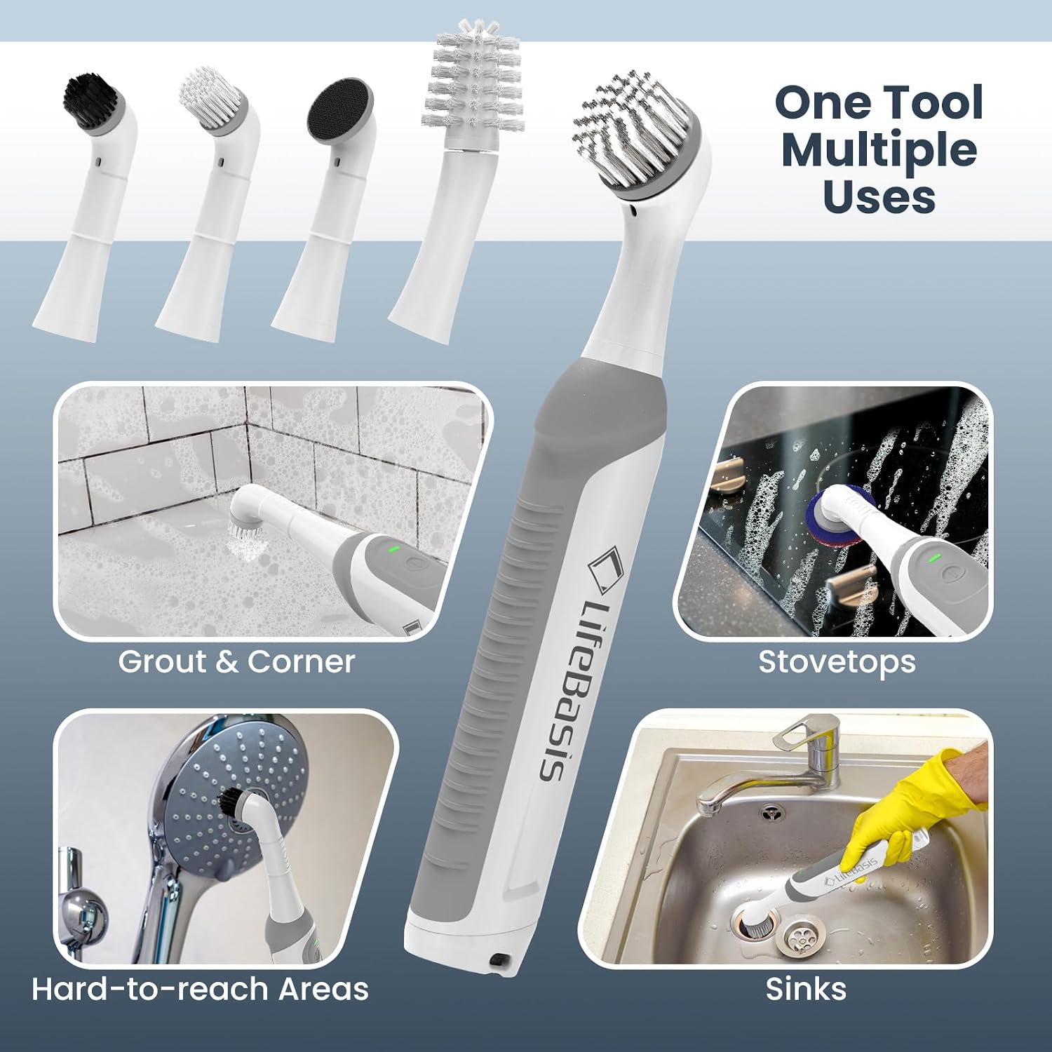 LifeBasis Cordless Rechargeable Power Scrubber Brush, White | Water-resistant Compact Scrubber with 5 Replaceable Brush Heads for Grout, Tile, Shower, Tub, Kitchen and Bathroom Cleaning