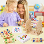 Montessori Educational Toy，Learning Activities Gift for Kid 3-6 Year | Wooden Reading Blocks Toys, Learning Activities for Preschool Kindergarten, Turning Rotating Matching Flash Card Games