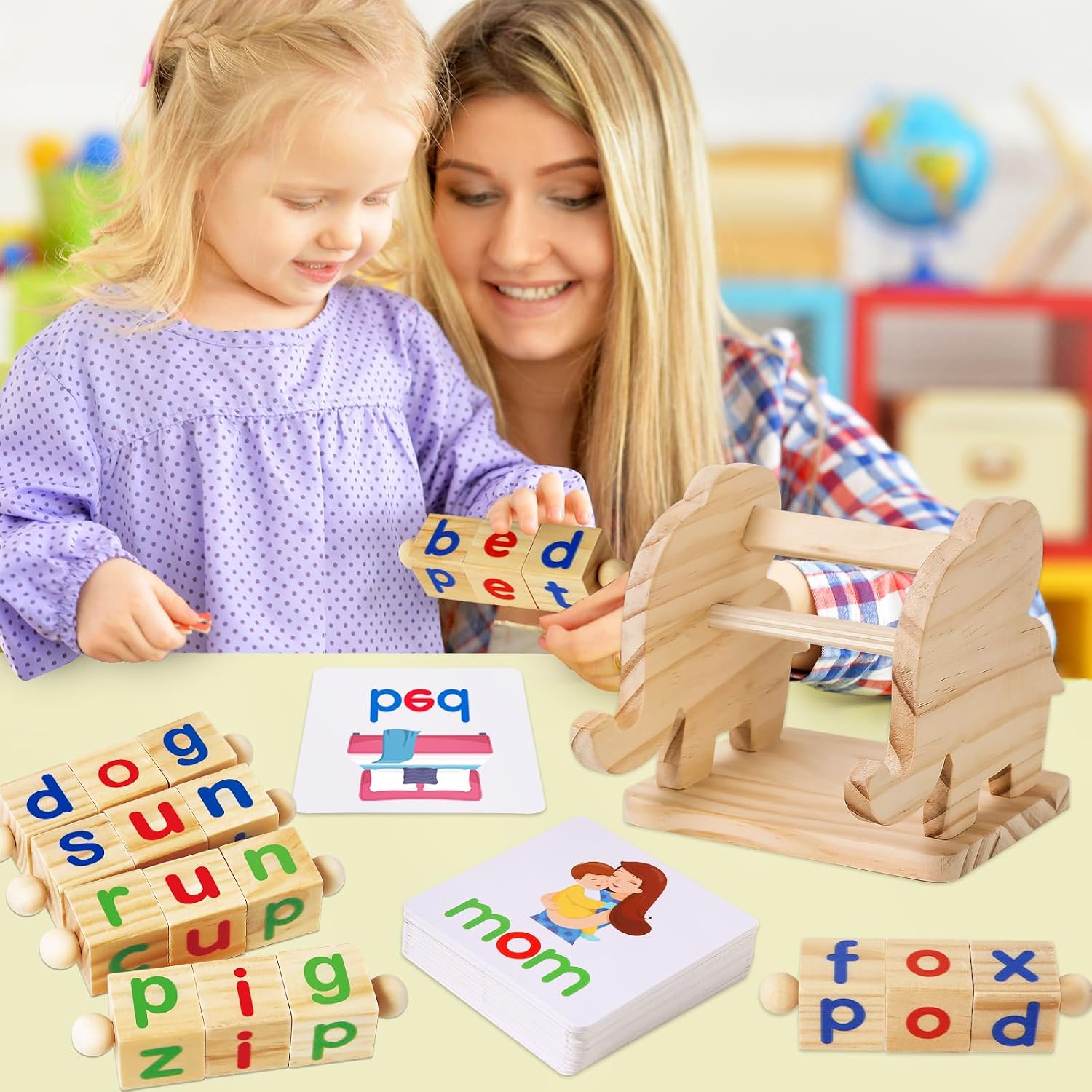 Montessori Educational Toy，Learning Activities Gift for Kid 3-6 Year | Wooden Reading Blocks Toys, Learning Activities for Preschool Kindergarten, Turning Rotating Matching Flash Card Games