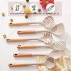 Silicone Cooking Utensils Set, 8 Piece Non-stick Utensils Spatula Set with Holder,Khaki Kitchen Utensils with Wooden Handles,Heat Resistant Cooking Set Kitchen Gadgets Gifts for Mother (Khaki)