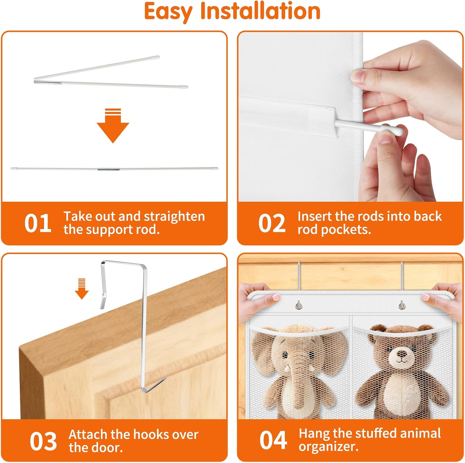 SpaceHacks Stuffed Animal Storage, Large Over the Door Organizer, White | 6 Expandable Mesh Pockets & 2 Metal Hooks, Non-Woven Fabric Hanging Plush Items Holder for Nursery, Bedroom, Playroom