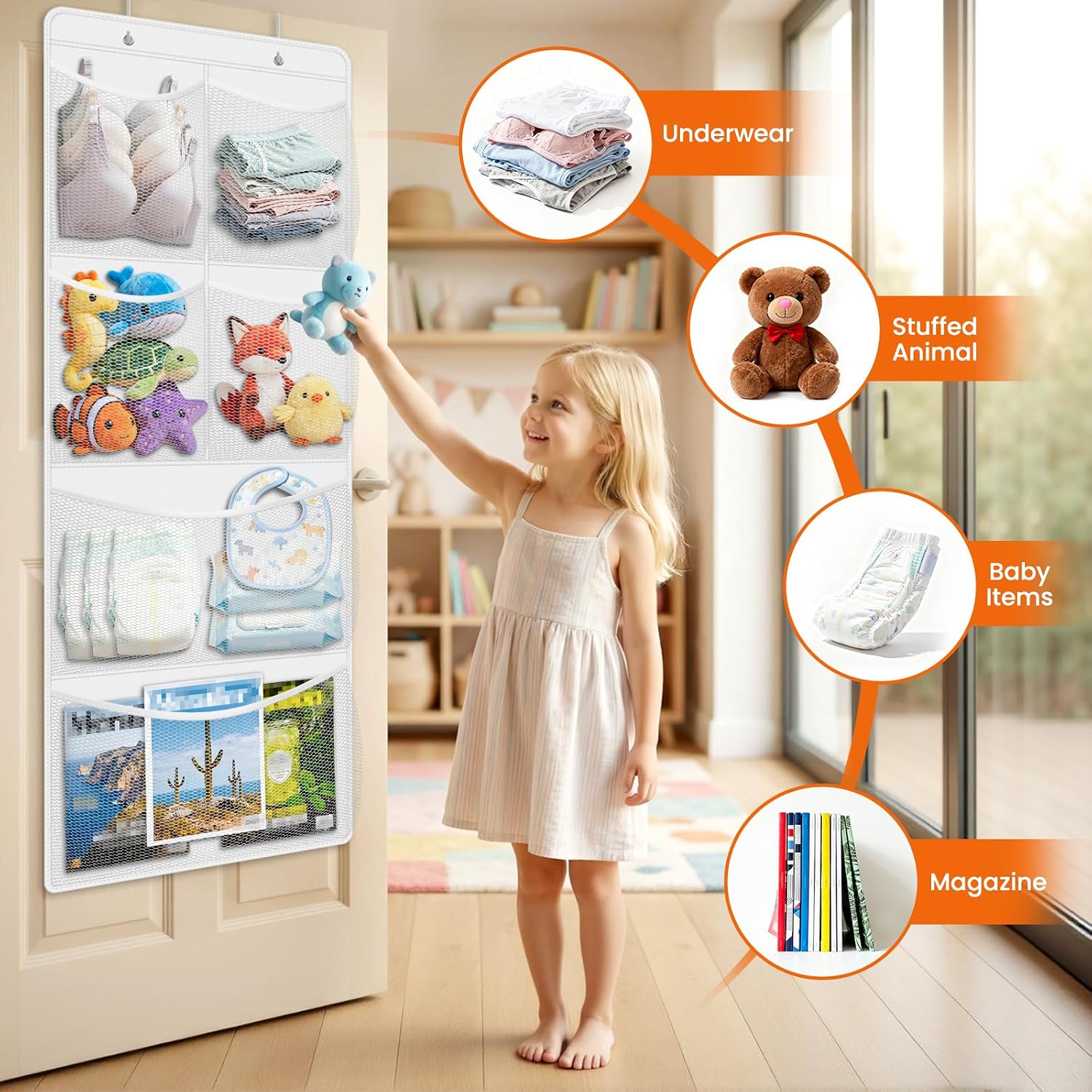 SpaceHacks Stuffed Animal Storage, Large Over the Door Organizer, White | 6 Expandable Mesh Pockets & 2 Metal Hooks, Non-Woven Fabric Hanging Plush Items Holder for Nursery, Bedroom, Playroom