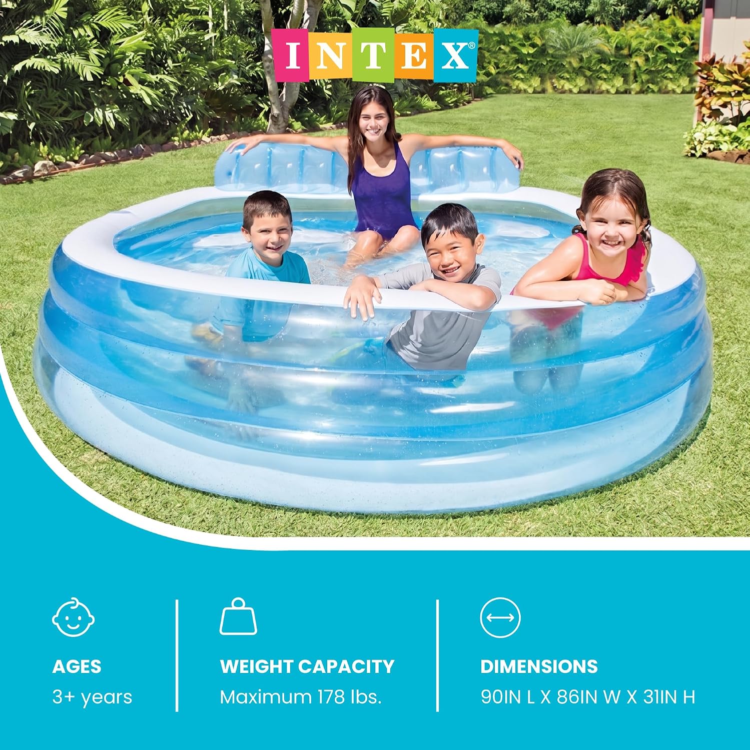 INTEX Round Family Lounge Inflatable Swimming Pool for Kids and Adults | 57190EP - Outdoor Backyard Swim Center with Built-In Bench & Drink Holders, 90in x 86in x 31in