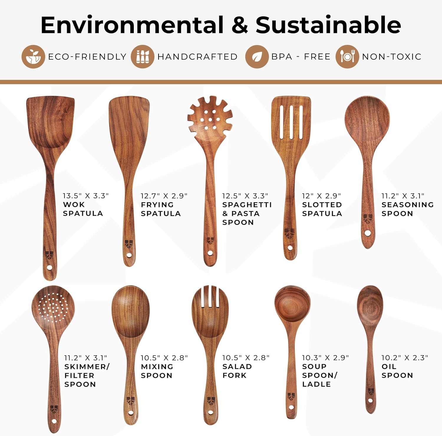 Wooden Spoons for Cooking, 10 Pcs Teak Wood Utensil Set for Nonstick | Durable, Heat Resistant & Food-Safe with Ergonomic Handles – Woodenhouse Kitchen Cookware