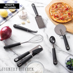 Country Kitchen 6 Pc Essentials Kitchen Stainless Steel Gadget Set Black Gun Metal with Soft Touch White Handles for Cooking