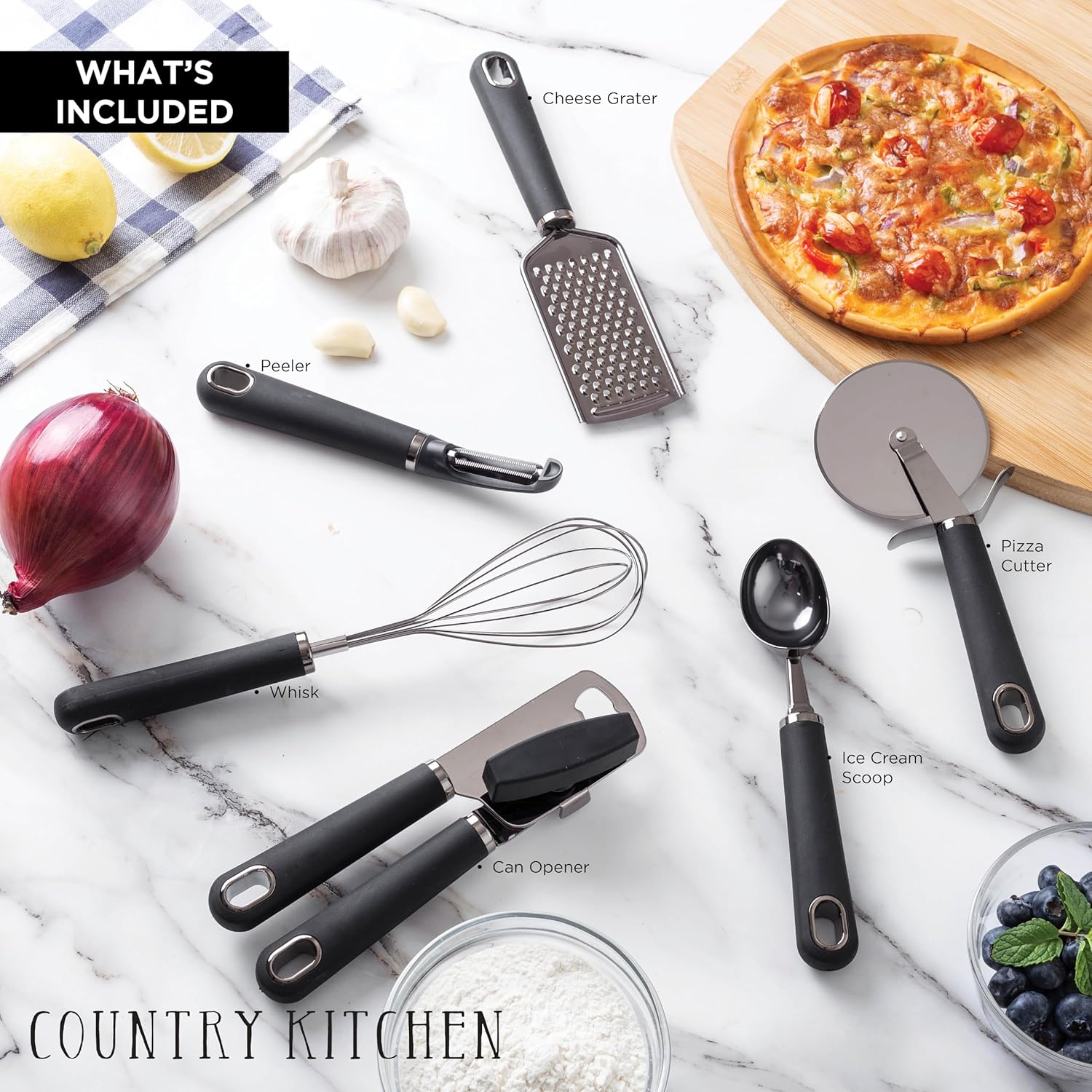 Country Kitchen 6 Pc Essentials Kitchen Stainless Steel Gadget Set Black Gun Metal with Soft Touch White Handles for Cooking