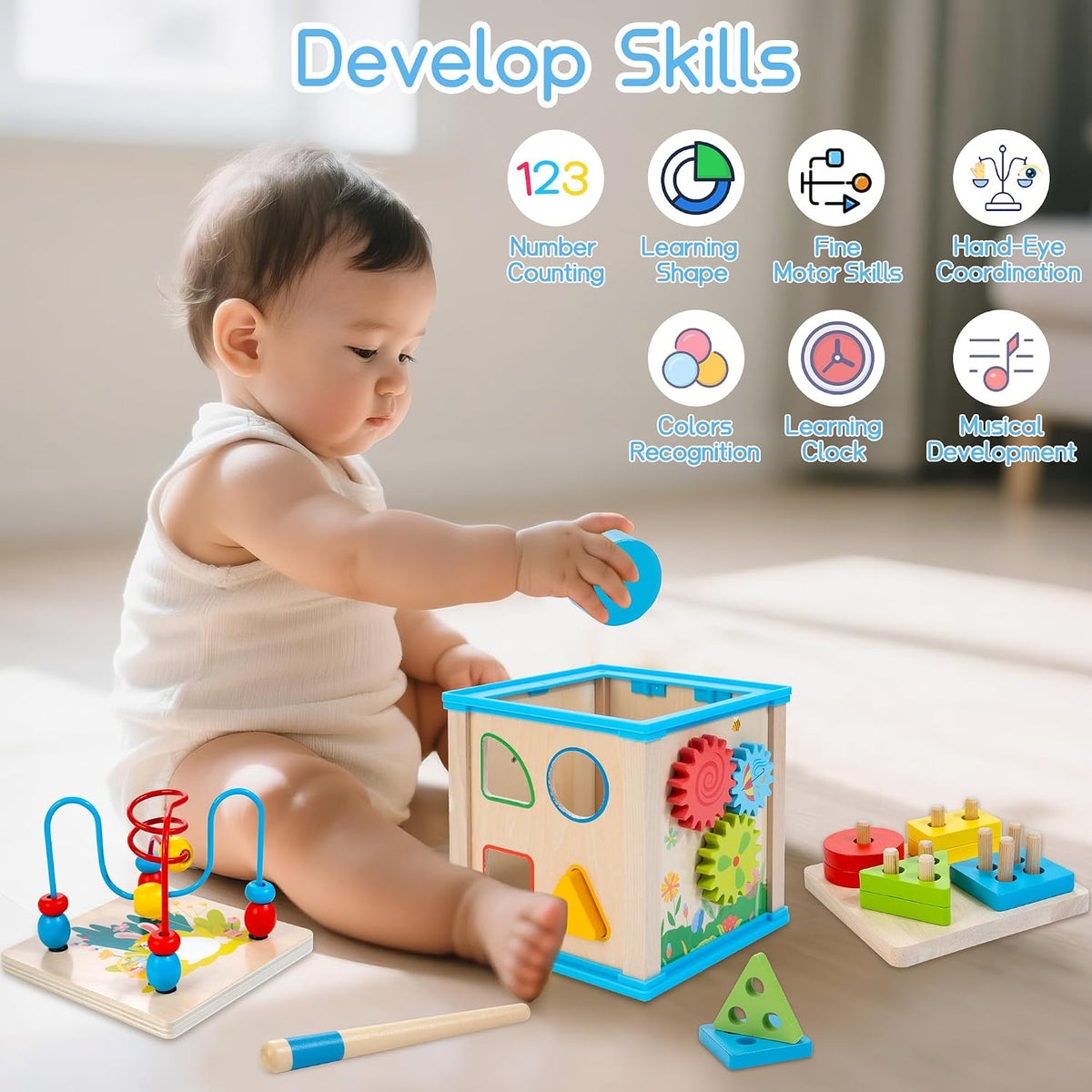 WOODMAM Wooden 7-in-1 Activity Cube, Montessori Toys for 1 2 Year Old | Baby Educational Developmental Toys, One Year Old Boy Girl Birthday Gifts, Bead Maze, Xylophone, Sorting & Stacking Board