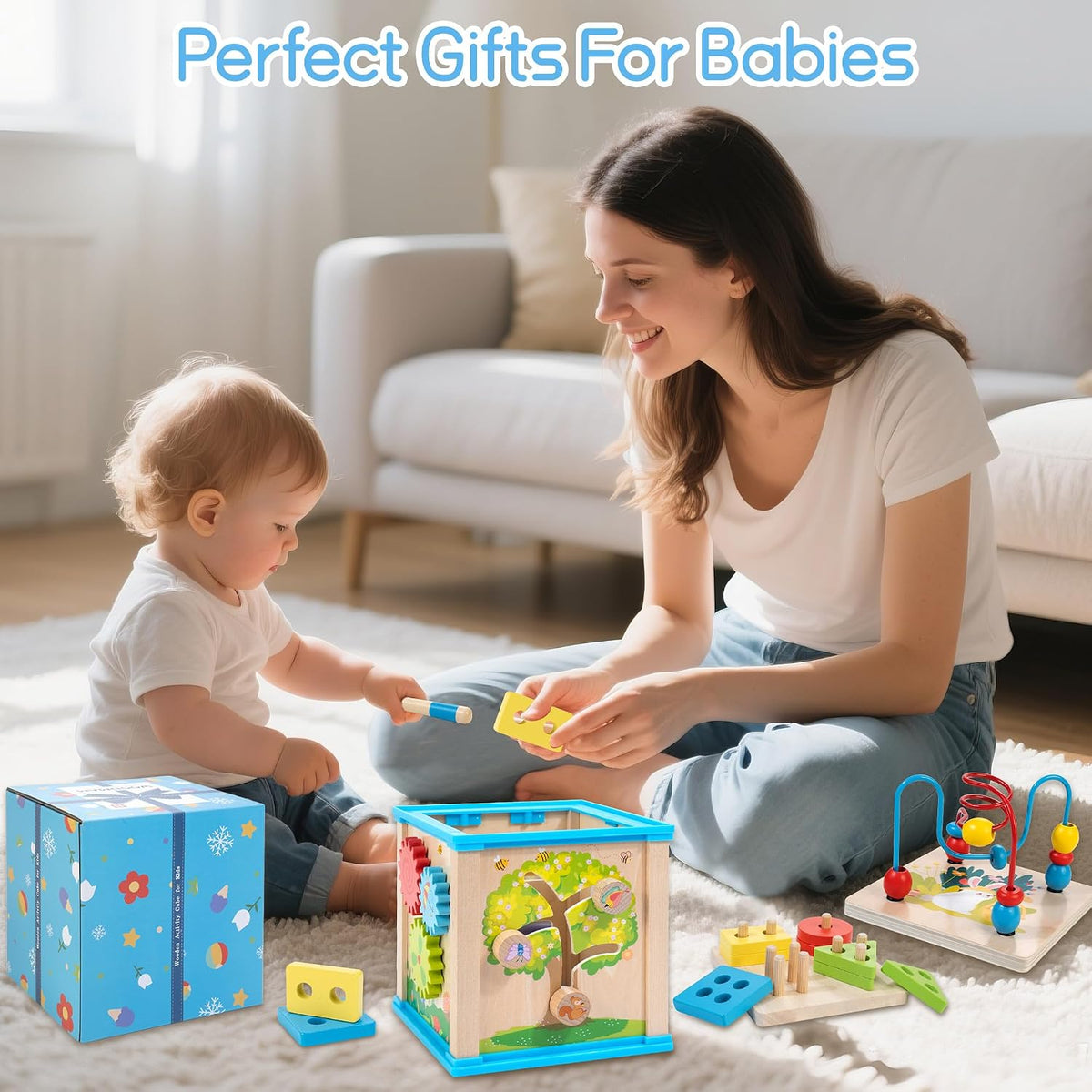 WOODMAM Wooden 7-in-1 Activity Cube, Montessori Toys for 1 2 Year Old | Baby Educational Developmental Toys, One Year Old Boy Girl Birthday Gifts, Bead Maze, Xylophone, Sorting & Stacking Board