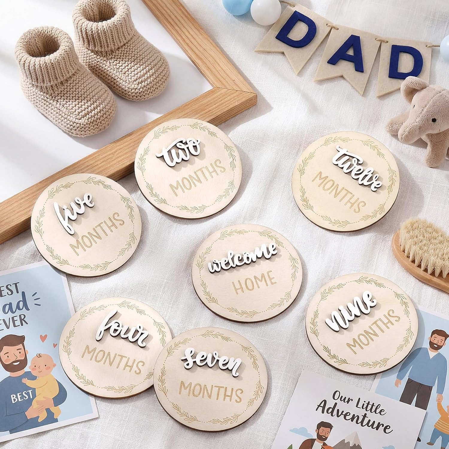 7 Pack Baby Monthly Milestone Signs, Double Sided Baby Milestone Signs Wooden Baby Announcement Sign for 1-12 Months Baby Milestone Pictures