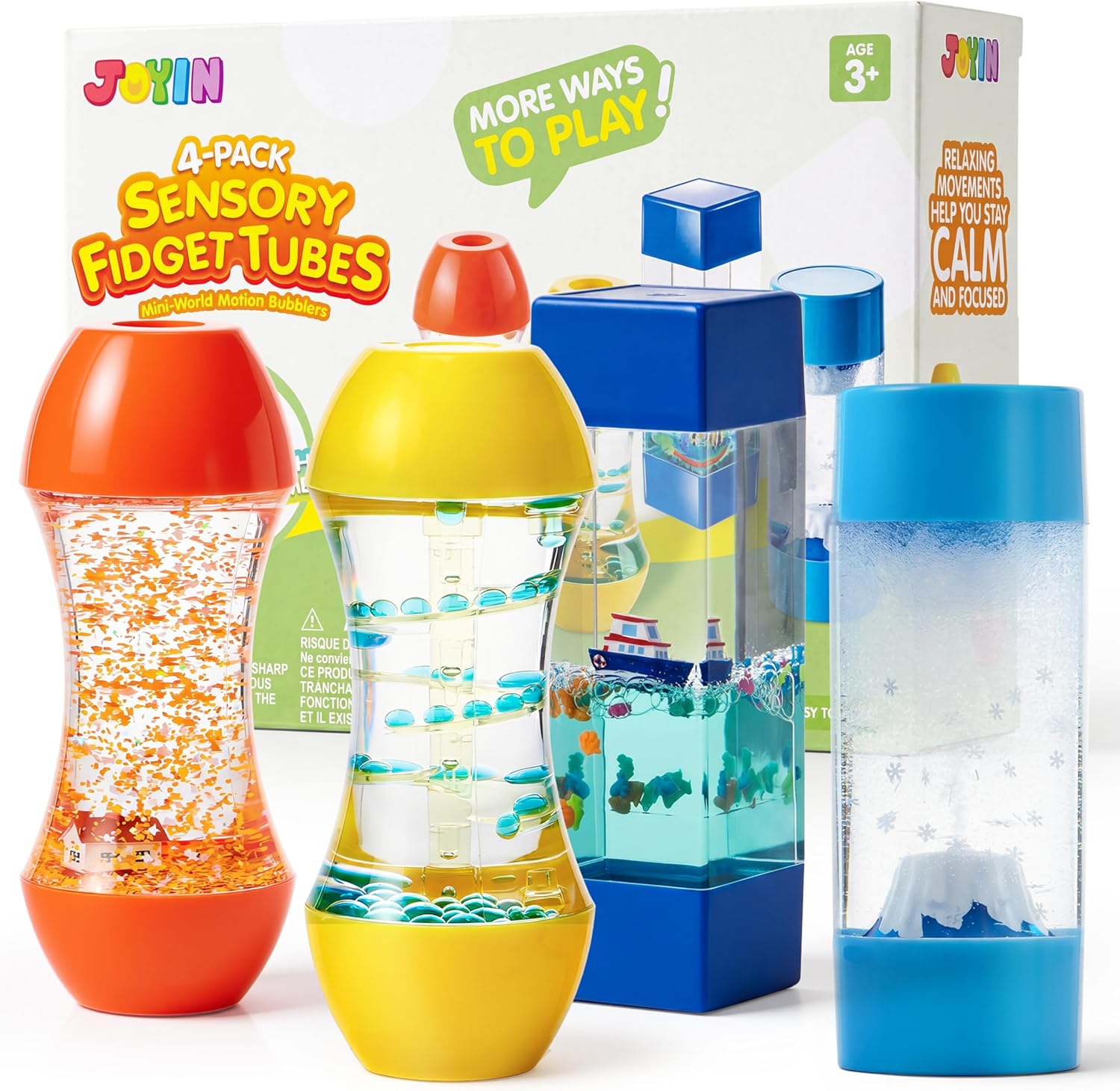 JOYIN 4-Pack Fidget Tubes for Kids, Sensory Tubes, Stress Relief Toy, Speech Therapy, Calming Toys for Children with Autism, Calm Down Corner Classroom Supplies, Back to School Gifts for Students
