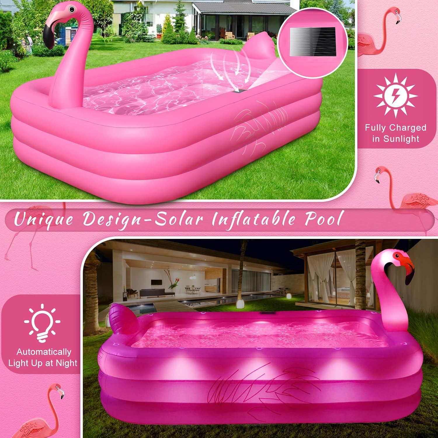 Inflatable Pool with Lights,Solar Flamingo Swimming Pool for Adults-Pink | StarOCean Inflatable Blow up Pool, Large Kiddie Pool,Durable Thickened Kids Pool for Backyard,Outdoor,100"X63"X20"
