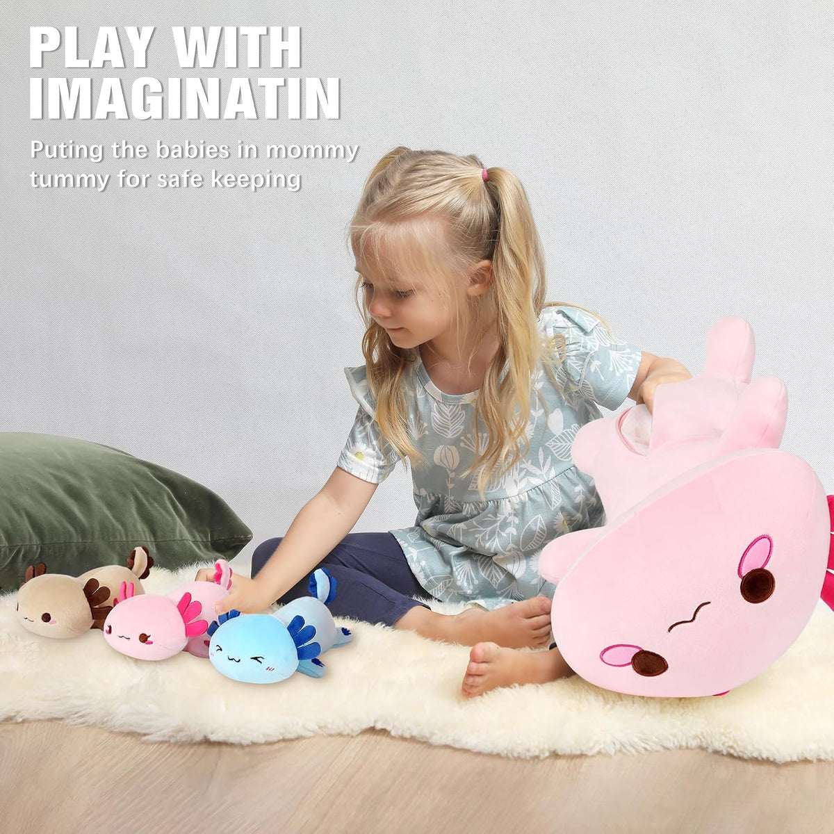 Onsoyours Axolotl Stuffed Animal Mommy 19.7" with 3 Baby Axolotl Plushies in Tummy, 4 Piece of Cute Axolotl Plush Pillow Toys for Kids Girls Boys