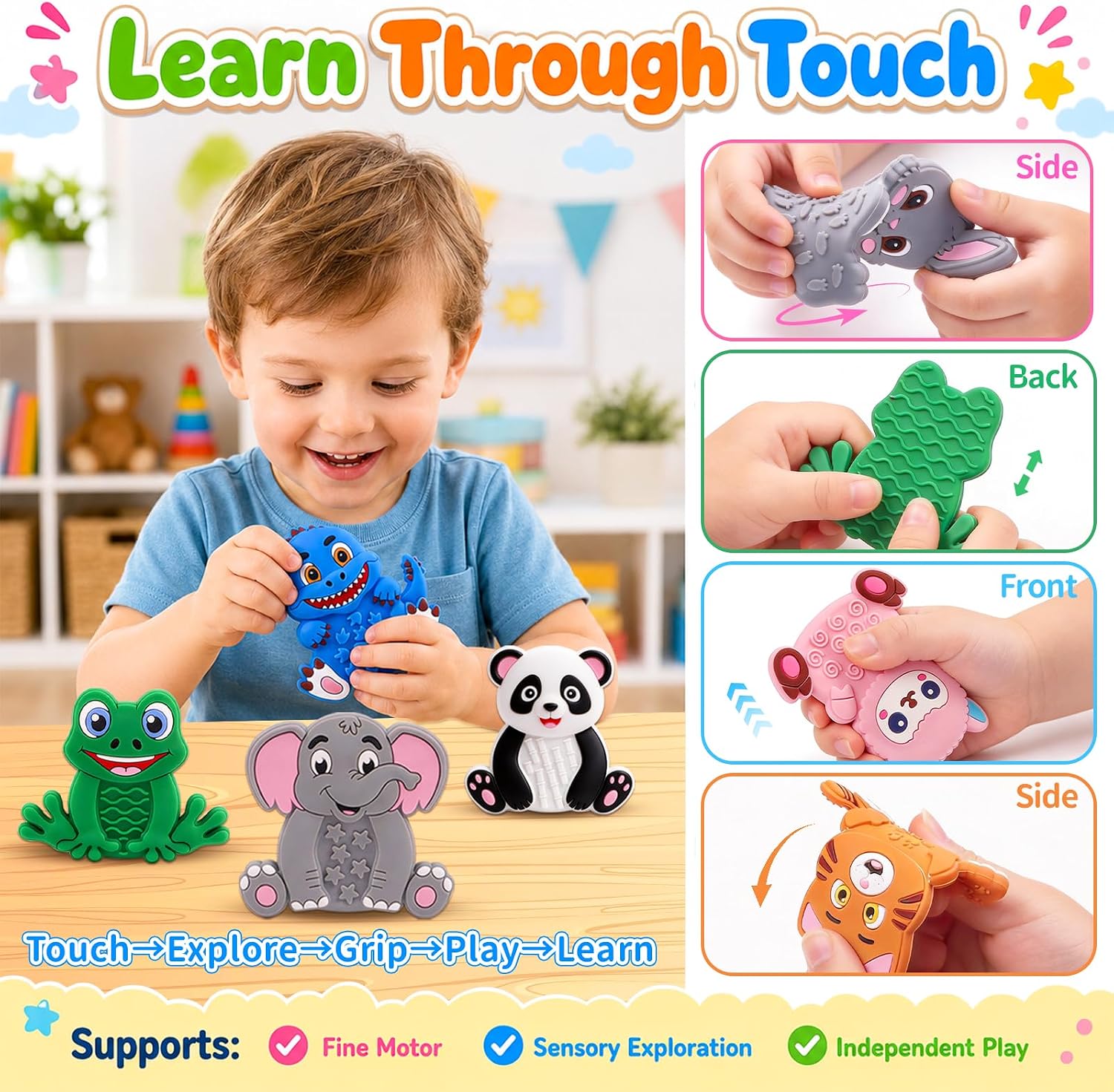 12 Pack Animal Sensory Toys for Kids Toddlers, Textured Silicone Fidget Toys, Quiet Travel Toys for Airplane, Car Rides, Preschool & Home Sensory Play, Classroom Calm Corner Toys