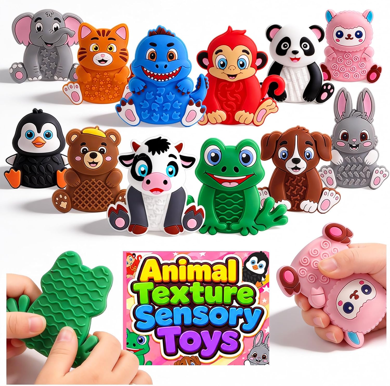 12 Pack Animal Sensory Toys for Kids Toddlers, Textured Silicone Fidget Toys, Quiet Travel Toys for Airplane, Car Rides, Preschool & Home Sensory Play, Classroom Calm Corner Toys