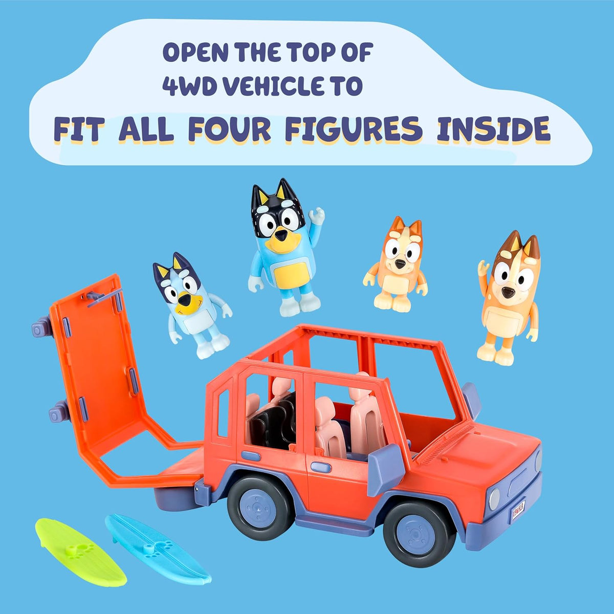 Bluey Heeler 4WD Family Toddler Toy Car, Pretend Play Toys, 4 Figures | Surfboards and sticker sheet, Bluey toy playset for kids ages 3+, Bluey and Bingo toys