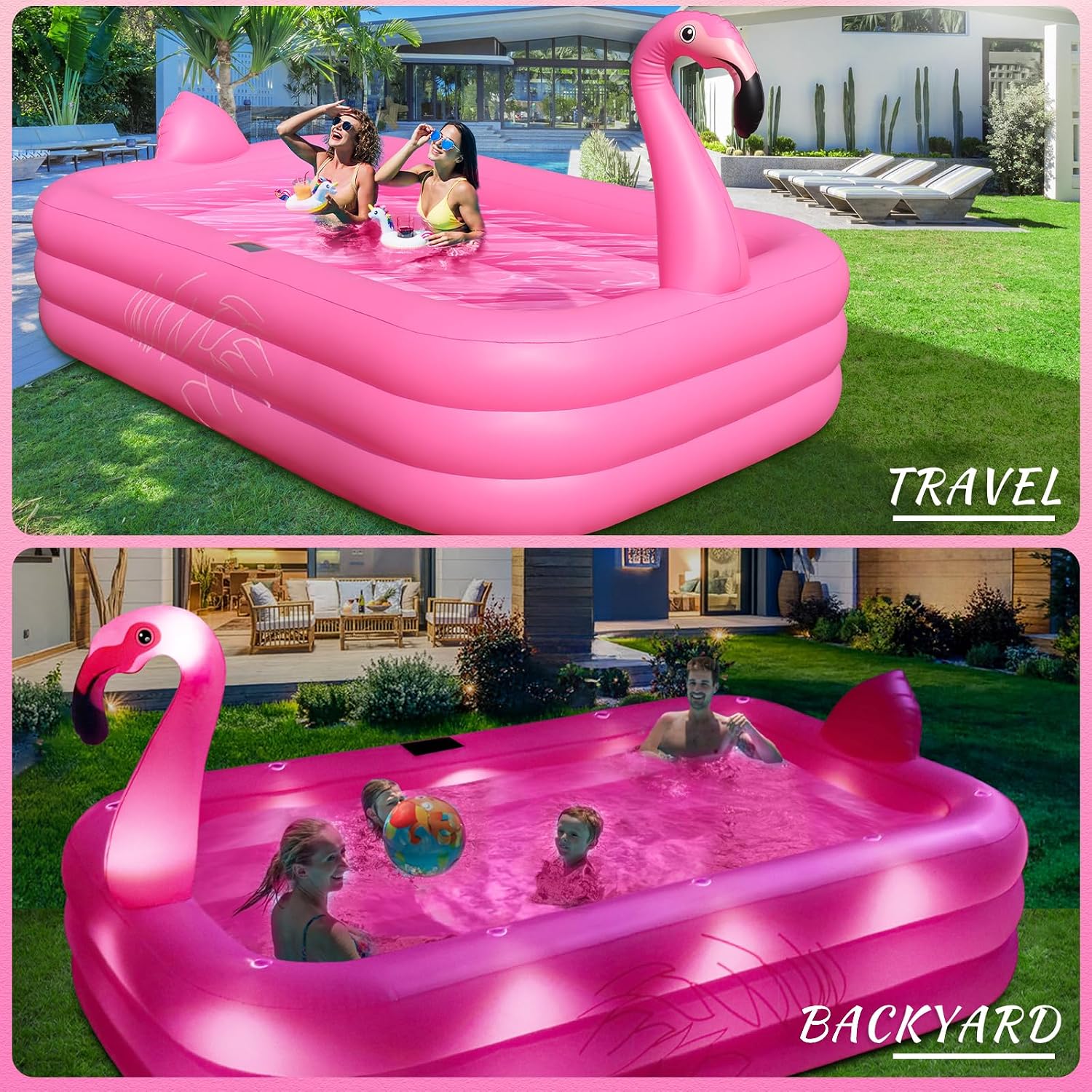 Inflatable Pool with Lights,Solar Flamingo Swimming Pool for Adults-Pink | StarOCean Inflatable Blow up Pool, Large Kiddie Pool,Durable Thickened Kids Pool for Backyard,Outdoor,100"X63"X20"