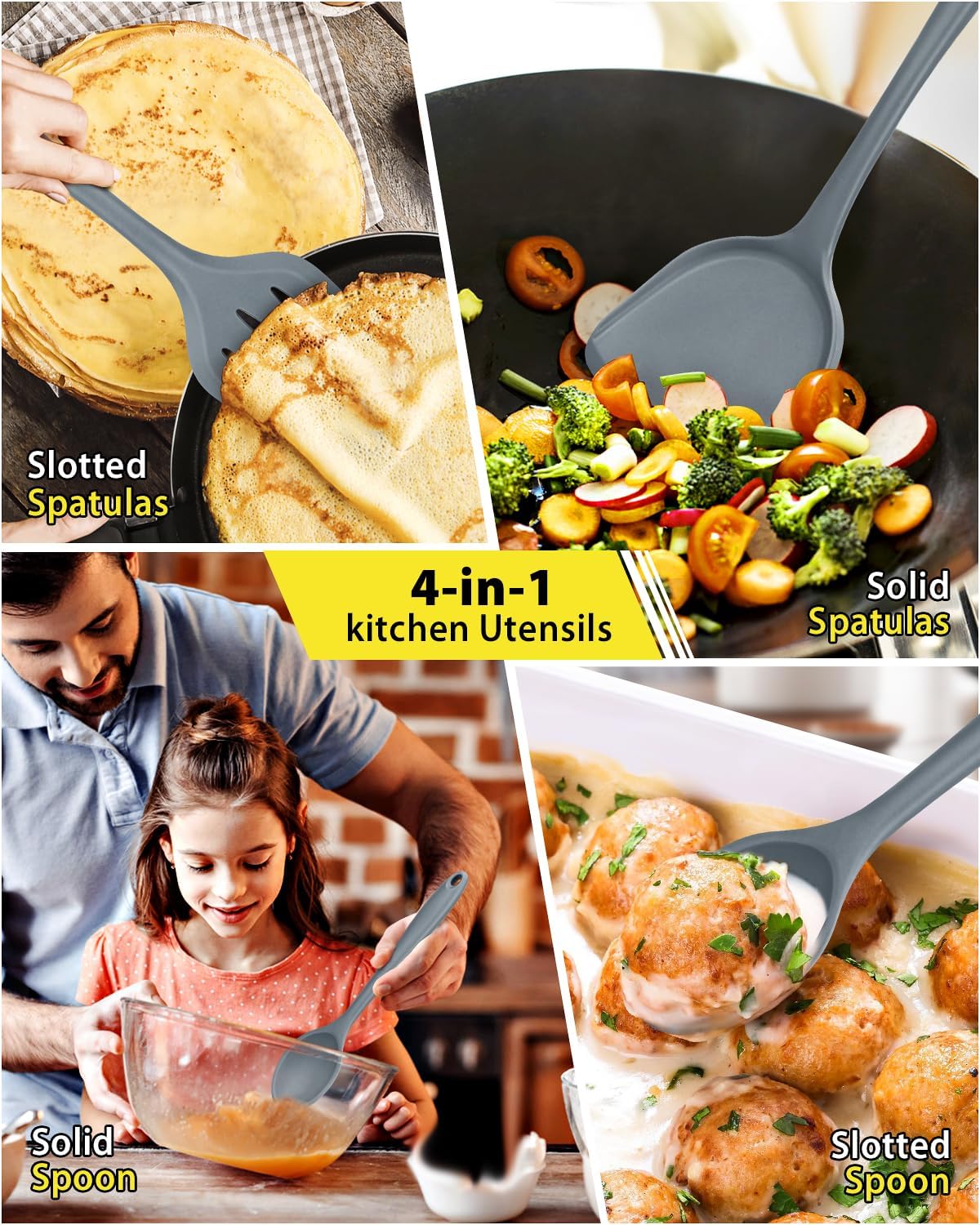 4 Pcs Silicone Kitchen Utensils Set, Wok Spatulas-Slotted Turner-Cooking Spoon-Slotted Spoon, Nonstick BPA Free High Heat Resistant Cooking Utensils for Frying, Mixing, Serving, Draining, Stirring
