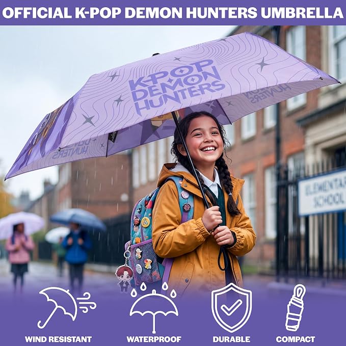 Get Trend KPop Demon Hunters Windproof Travel Umbrella, Huntrix Strong Folding Compact Umbrellas for Rain, Light Portable Kids Travel Essentials, Fits Backpack & Car, Gifts for Girls