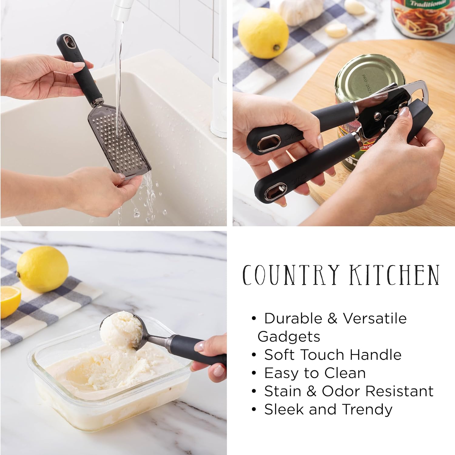 Country Kitchen 6 Pc Essentials Kitchen Stainless Steel Gadget Set Black Gun Metal with Soft Touch White Handles for Cooking