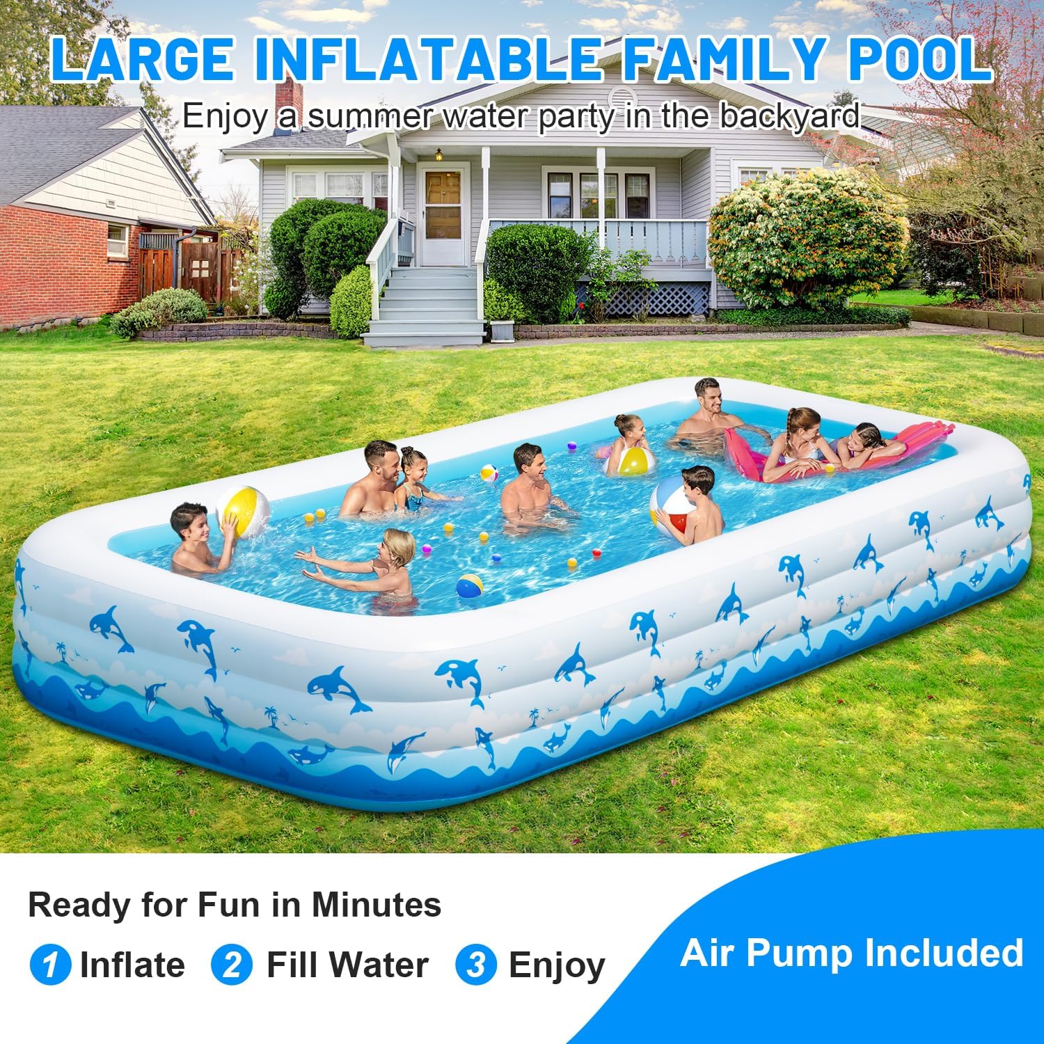 Extra Large Inflatable Swimming Pool – 165" x 76" x 22" Oversized Blow Up Pool for Adults, Big Family Backyard Pool with Pump, Thickened Kiddie Pool for Summer Water Party, Easy Set Up