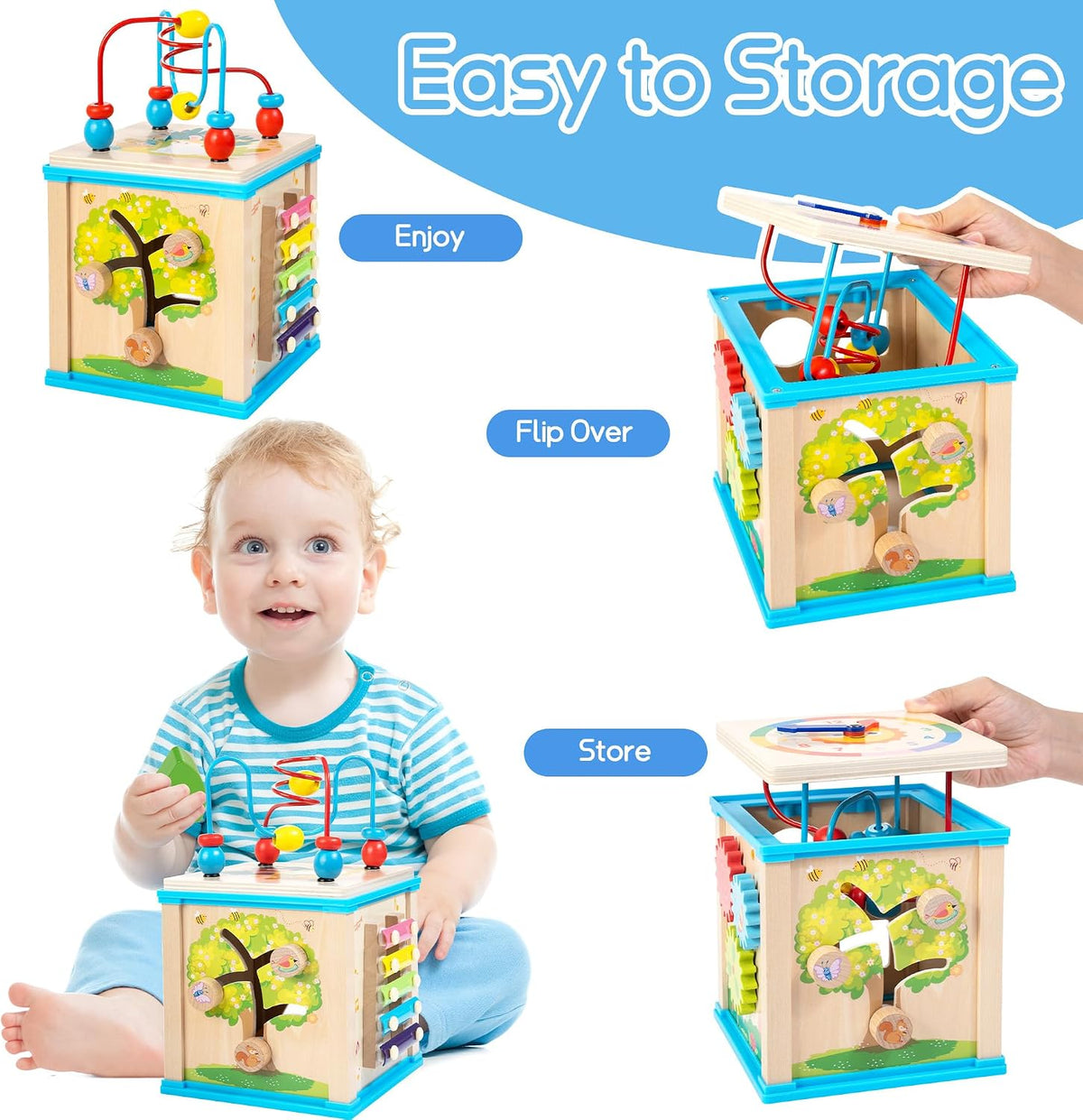 WOODMAM Wooden 7-in-1 Activity Cube, Montessori Toys for 1 2 Year Old | Baby Educational Developmental Toys, One Year Old Boy Girl Birthday Gifts, Bead Maze, Xylophone, Sorting & Stacking Board
