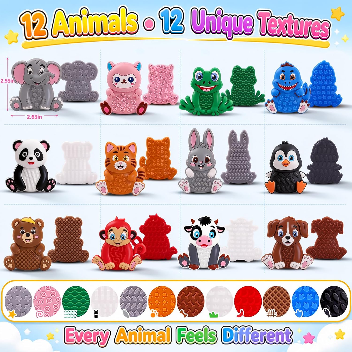 12 Pack Animal Sensory Toys for Kids Toddlers, Textured Silicone Fidget Toys, Quiet Travel Toys for Airplane, Car Rides, Preschool & Home Sensory Play, Classroom Calm Corner Toys