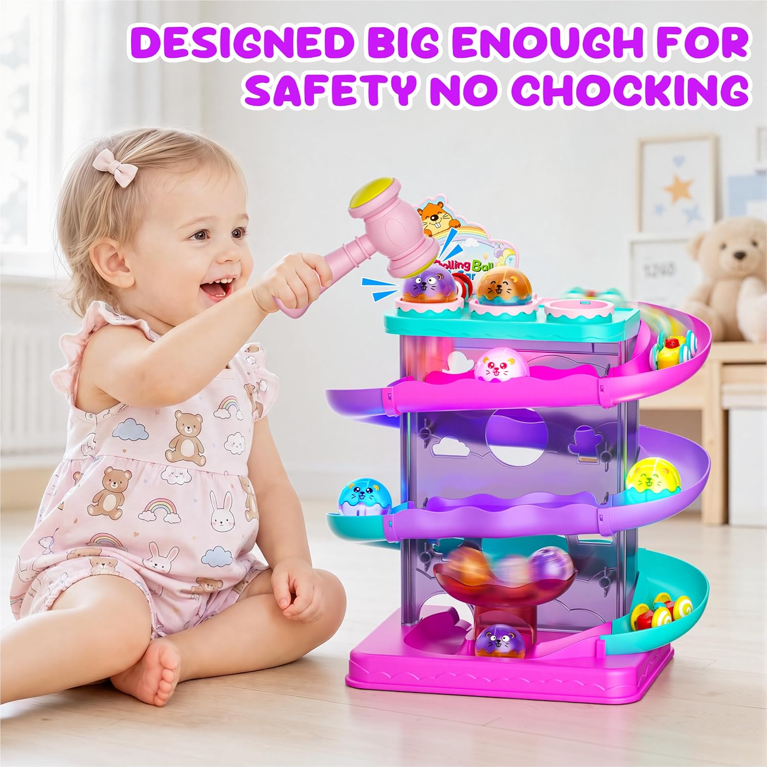 2-in-1 Ball Drop & Car Ramp Race Track Montessori Toy for Toddlers Ages 1-5 | Hammer Rolling Ball, Launch and Race Car-Cause and Effect Sensory STEM Learning Toys for 1-5 Year Old Boys & Girls