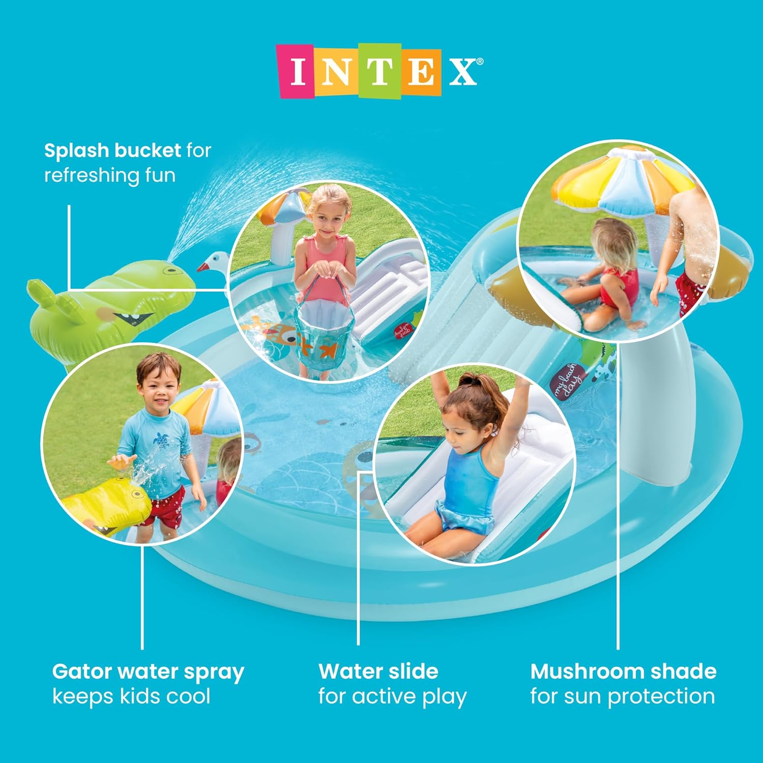 INTEX Dinoland Inflatable Swim Center & Kiddie Pool for Outdoor Play | 57135EP - Blow Up Water Park with Slide, Sprinkler, and Fun Games for Kids Ages 2 and Up
