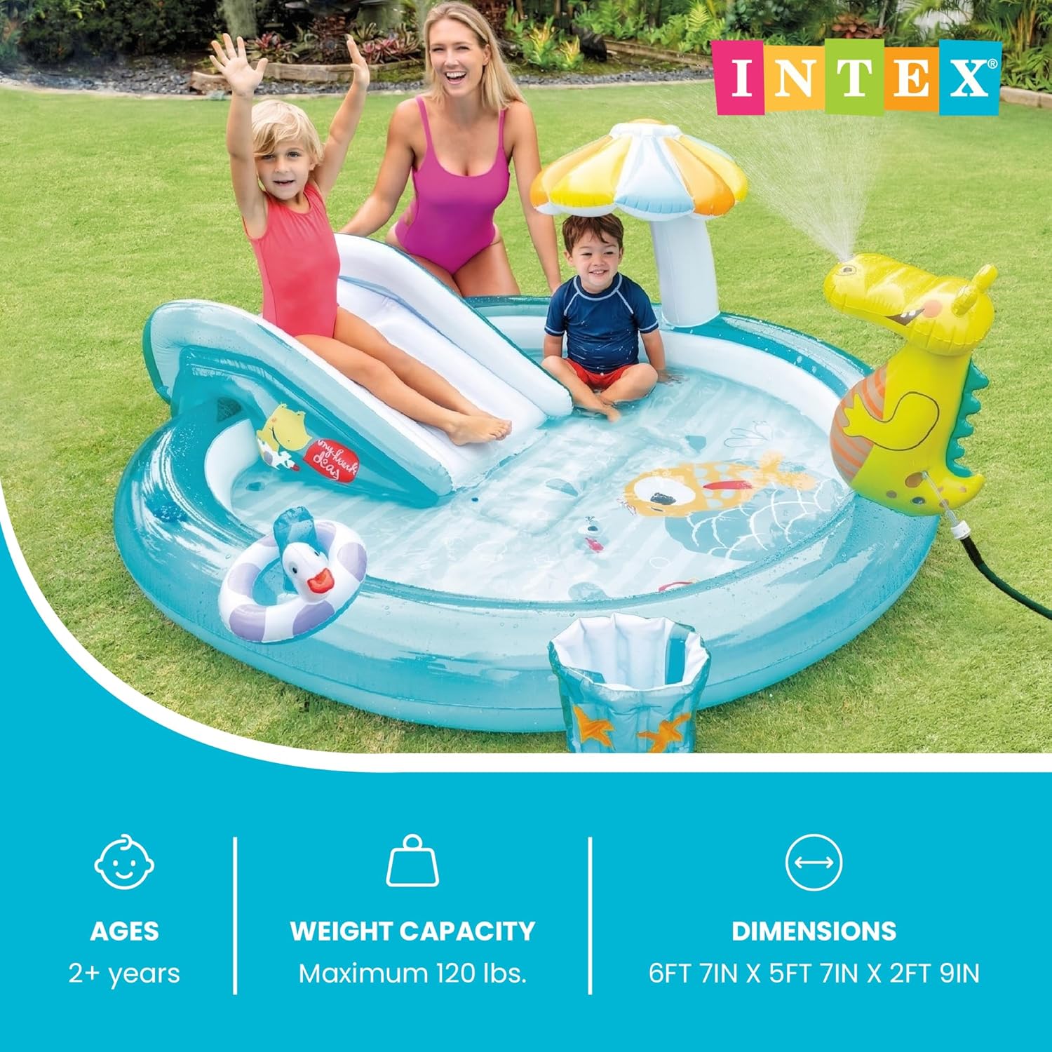 INTEX Dinoland Inflatable Swim Center & Kiddie Pool for Outdoor Play | 57135EP - Blow Up Water Park with Slide, Sprinkler, and Fun Games for Kids Ages 2 and Up