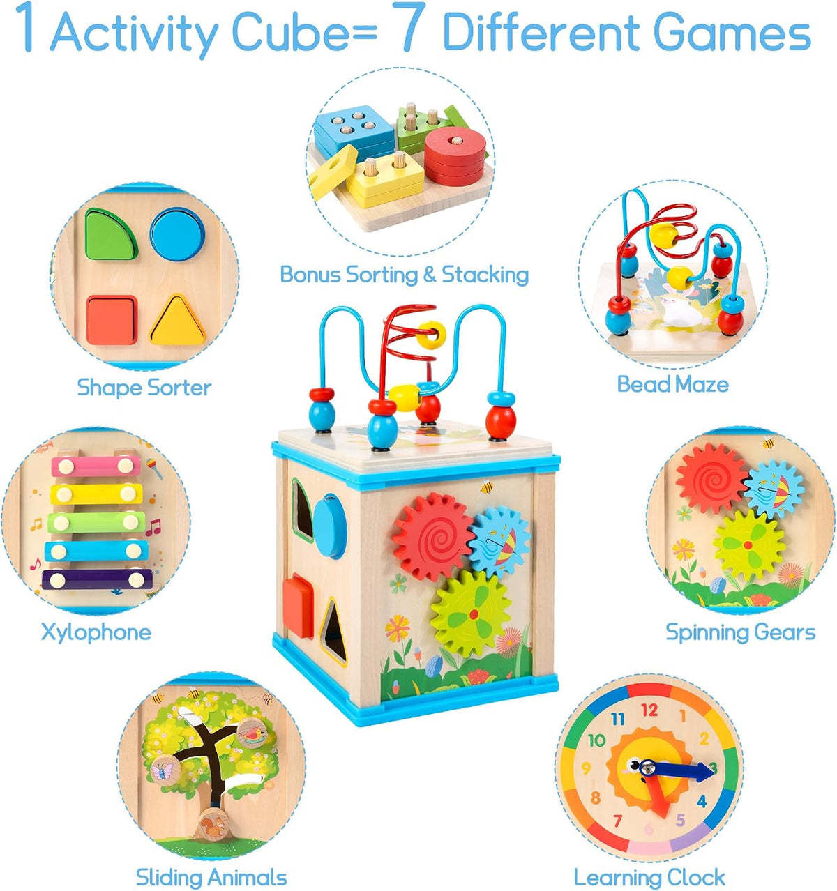 WOODMAM Wooden 7-in-1 Activity Cube, Montessori Toys for 1 2 Year Old | Baby Educational Developmental Toys, One Year Old Boy Girl Birthday Gifts, Bead Maze, Xylophone, Sorting & Stacking Board